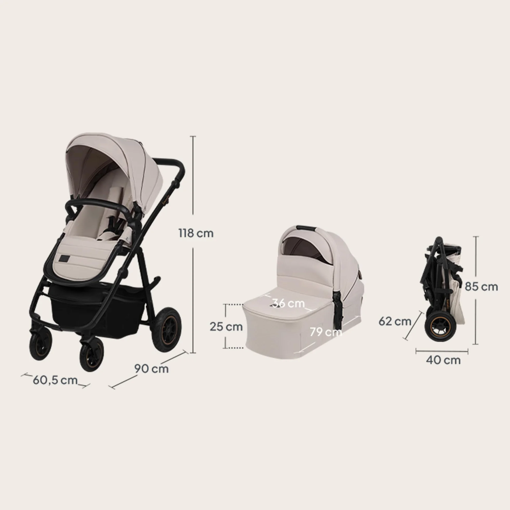 LIONELO AMBER PLUS 3w1 Wielofunkcyjny Wózek Dziecięcy od 0 do 4 lat do 22kg z Gondolą XL, Fotelik Samochodowy do 13kg, Regulacja Oparcia, Duże Terenowe Koła 360° Budka XXL