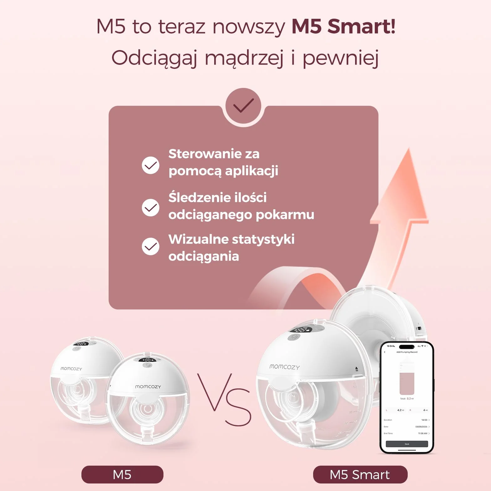 Momcozy M5 Smart Elektryczna Laktacja Bezprzewodowa, 3 Tryby 9 Poziomów, 24 mm, Czerwony, 2 szt.
