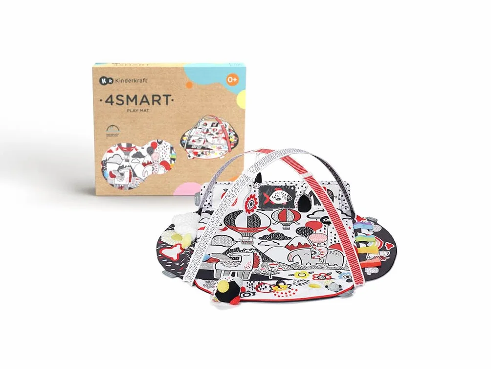 Kinderkraft Mata Sensoryczna 4SMART, Edukacyjna, Kontrastowe kolory, 4 Strefy, Rozwija zmysły, Regulowany pałąk z zabawkami, Piłka, 14 Dwustronnych kart, Wielokolorowy