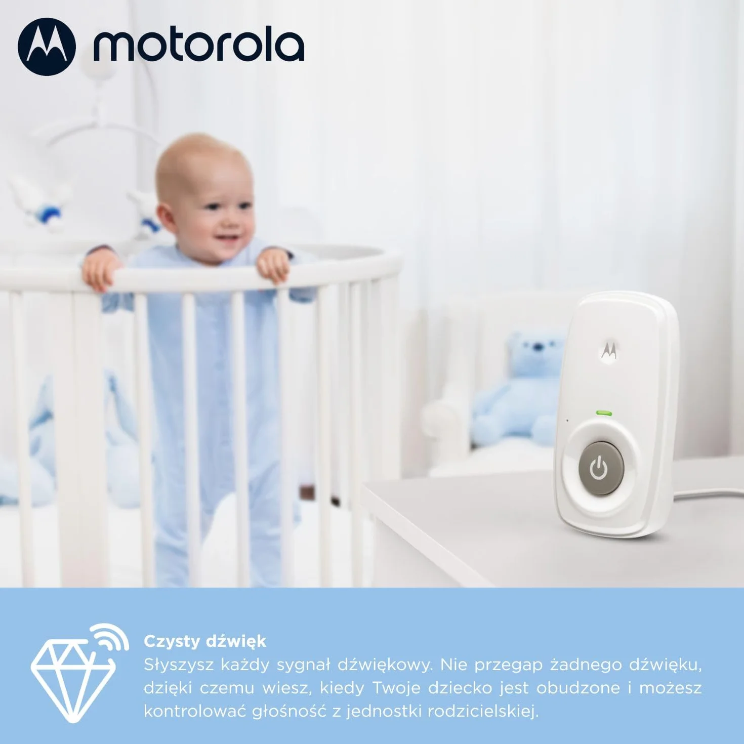 Motorola Nursery AM24 Elektroniczna niania, dwukierunkowa rozmowa, mikrofon o wysokiej czułości, wyświetlacz LCD, technologia DECT, zasięg do 300 metrów, regulacja głośności, alarm baterii
