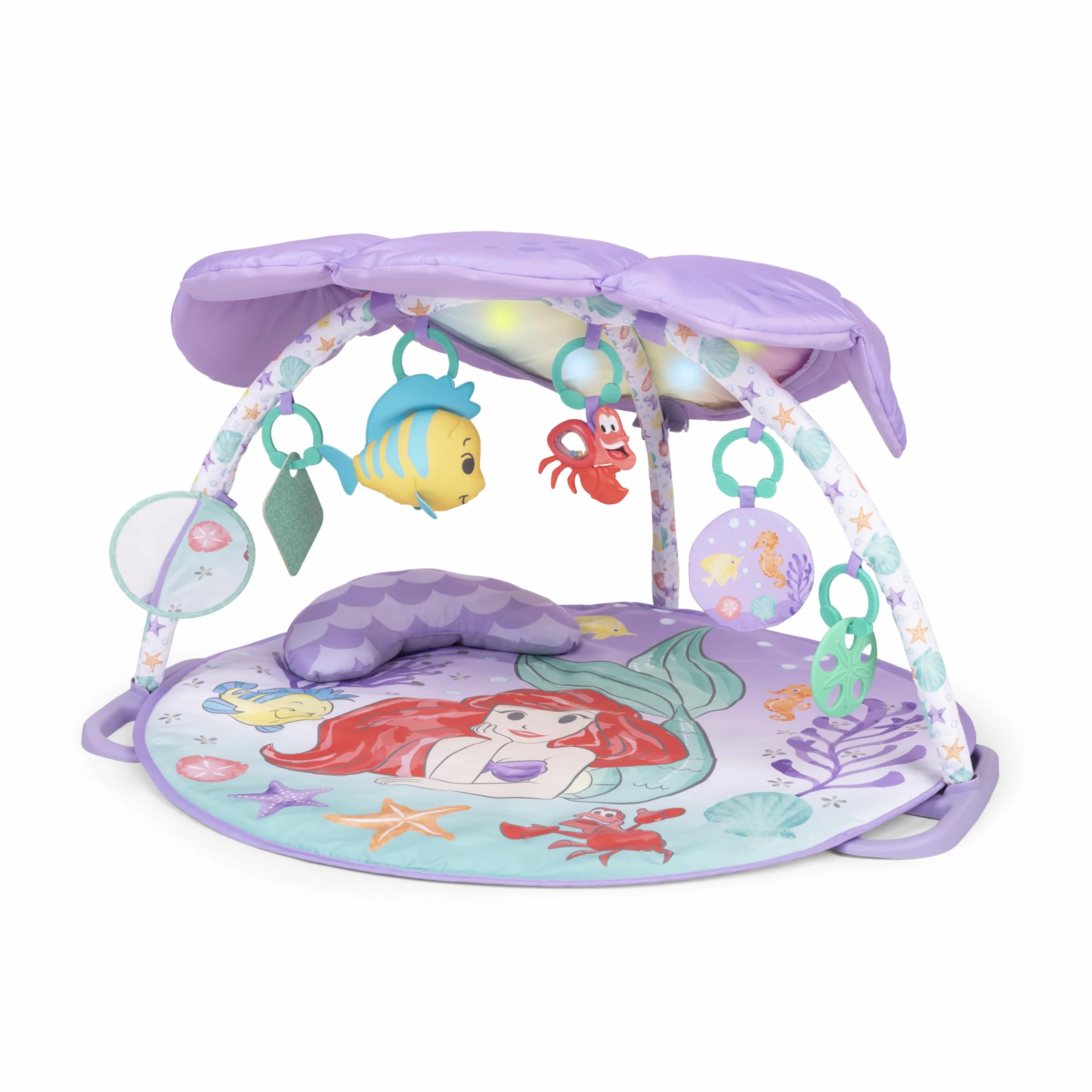 Bright Starts, Disney Baby, Mała Syrenka Twinkle Trove Light-Up Musical Baby Activity Gym, ponad 25 min melodii, 6 zabawek, wiek noworodek +, fioletowy