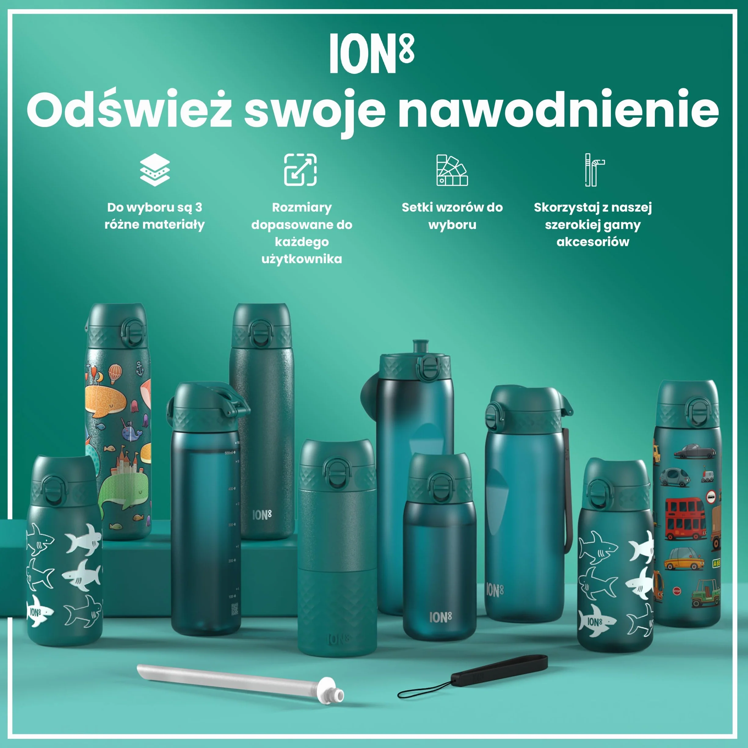 ION8 Butelka dla Dzieci, 350 ml/12 oz, Szczelna, Łatwa do Otwarcia, Bezpieczny Zamek, Można Myć w Zmywarce, Bez BPA, Uchwyt do Przenoszenia, Łatwa do Czyszczenia, Bezwonny, Rekiny