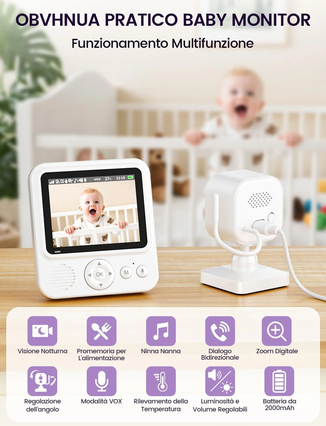 Babyphone z kamerą 2,8 cala 720P HD 2000 mAh monitor dla niemowląt noktowizor VOX