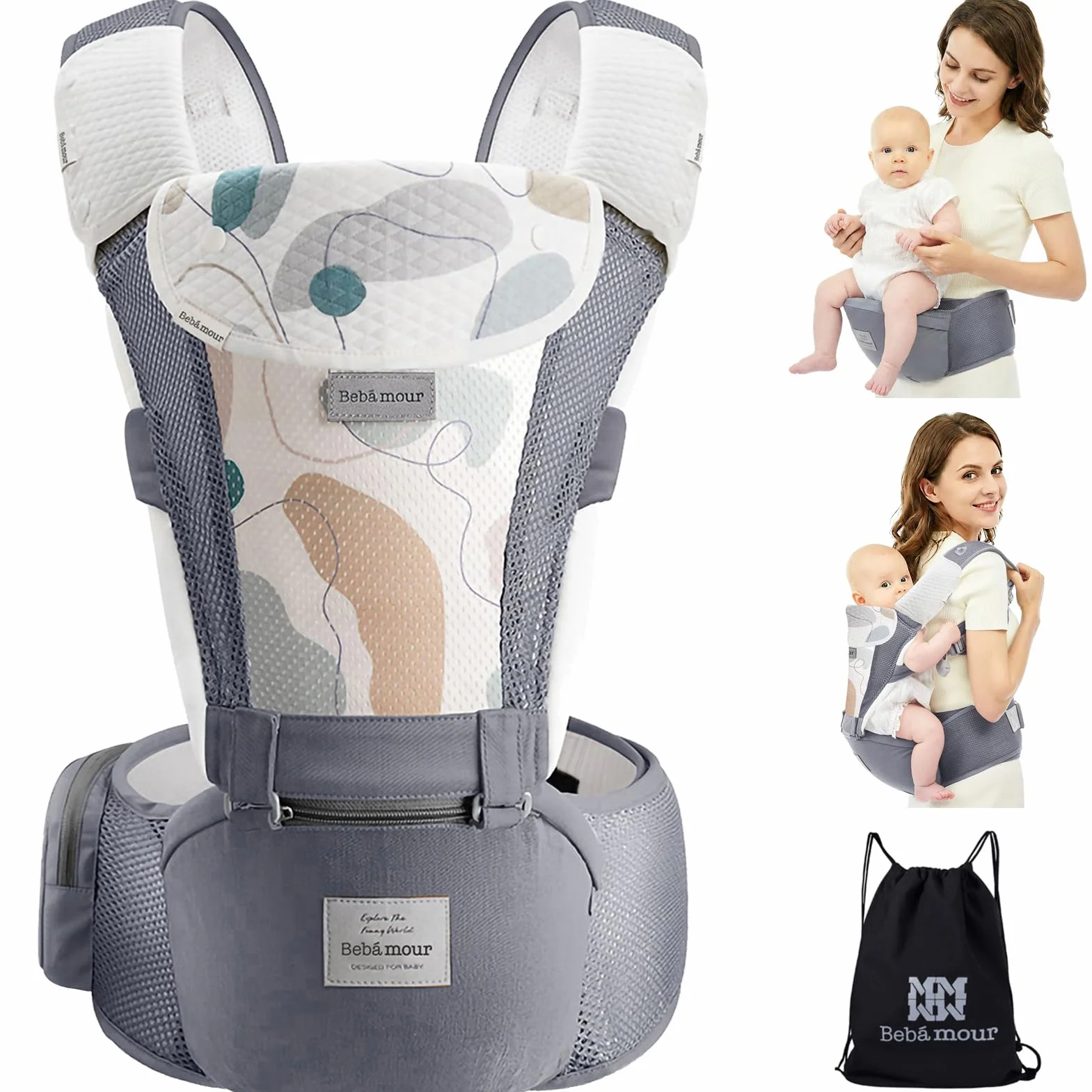 Bebamour Ergonomiczne nosidełko dla niemowląt z siedziskiem biodrowym/czysta bawełna, lekka, oddychająca, wielofunkcyjna, dla niemowląt na 0-36 miesięcy (Air Grey with Designed)