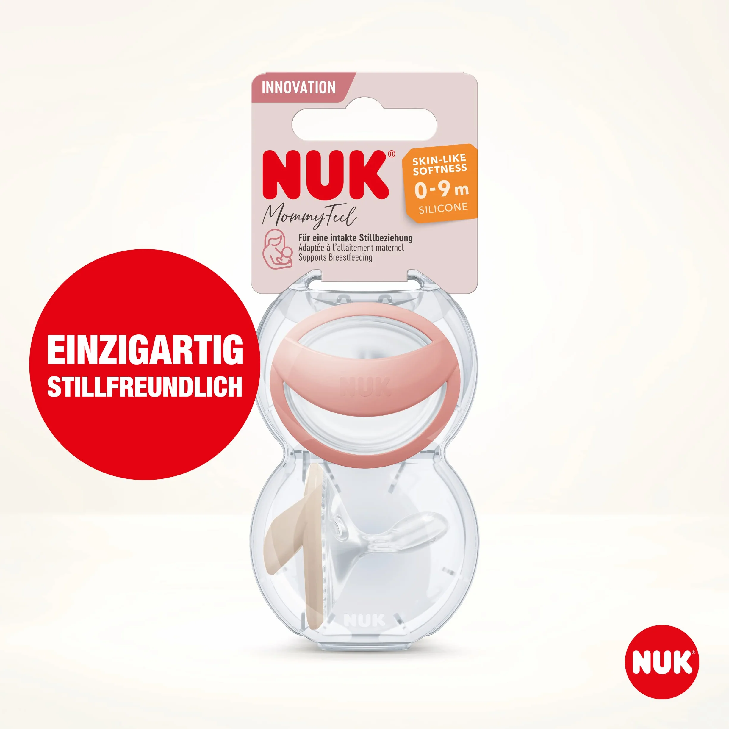 NUK MommyFeel smoczek dziecięcy, 0-9 miesięcy, przyjazne podczas karmienia, silikon bez BPA, róż i piaskowiec, 2 sztuki