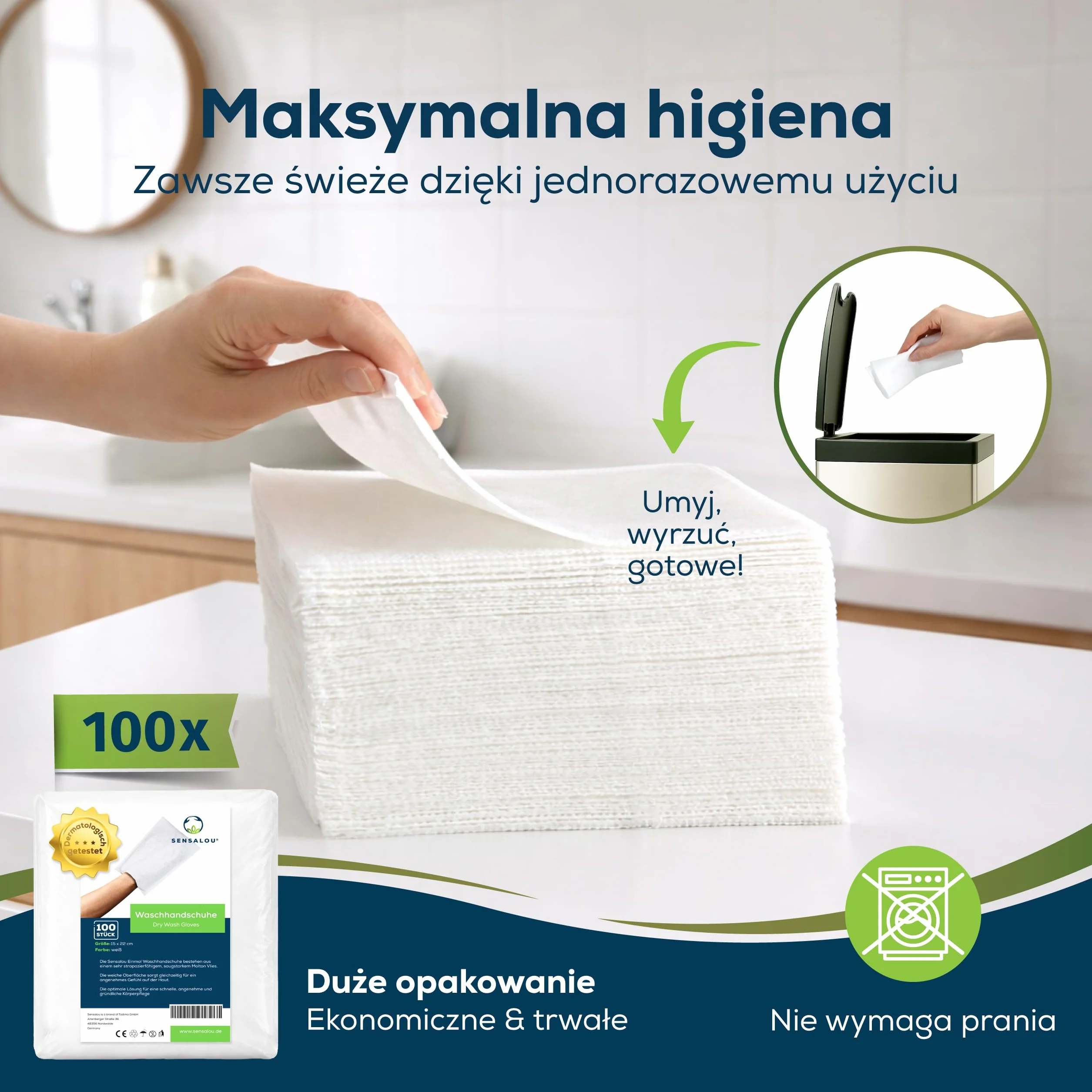 Sensalou Jednorazowe Rękawice Do Mycia Wodoodporne 100 Sztuk 12 x 22 cm Chusteczki Do Higieny Intymnej Mikrofibra Nonwoven Miękkie i Wytrzymałe Dla Dorosłych Dzieci Niemowląt Białe