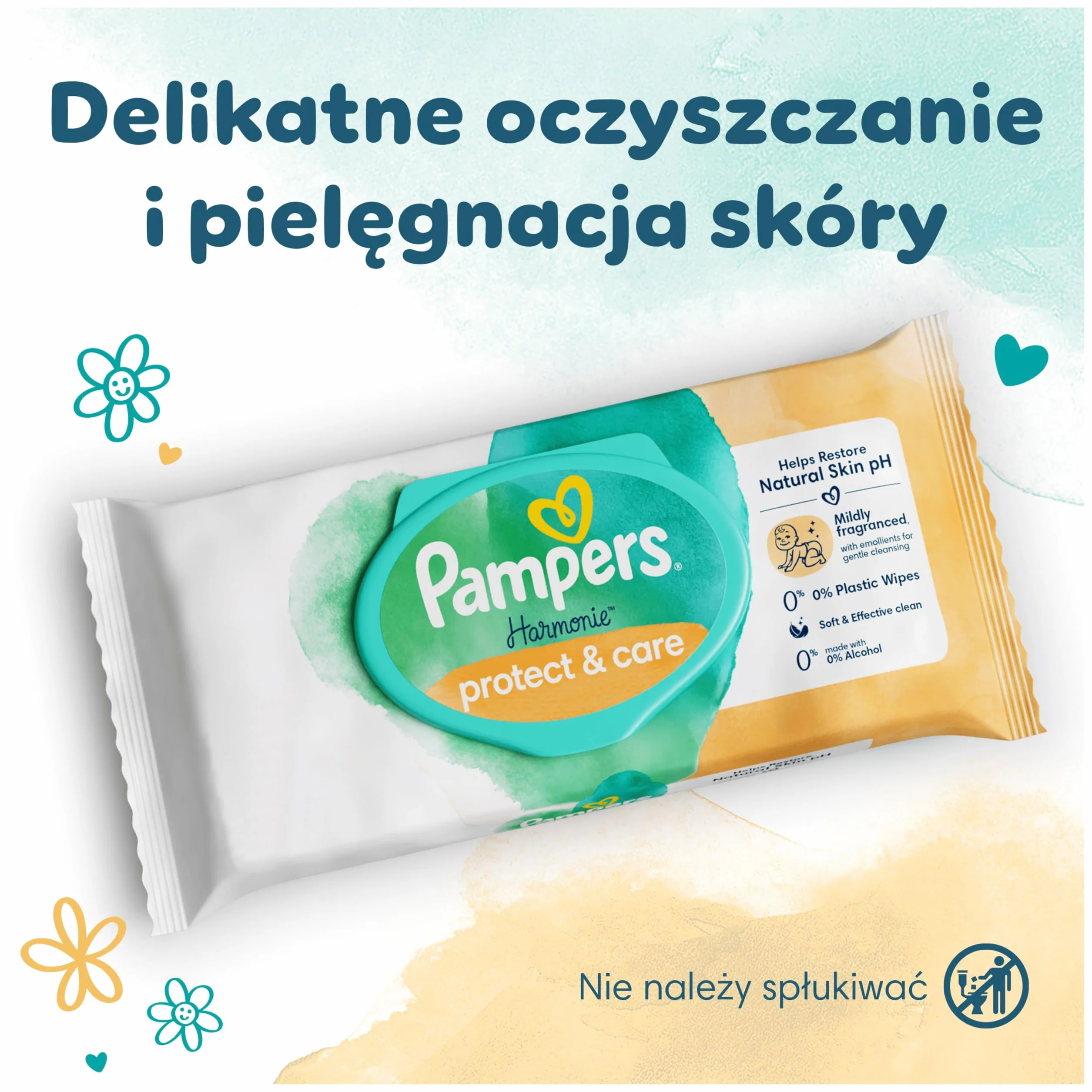 Pampers Harmonie Protect & Care Chusteczki nawilżane dla dzieci 18 opakowań = 792 chusteczek nawilżanych dla dzieci, pomagają zachować naturalne pH skóry