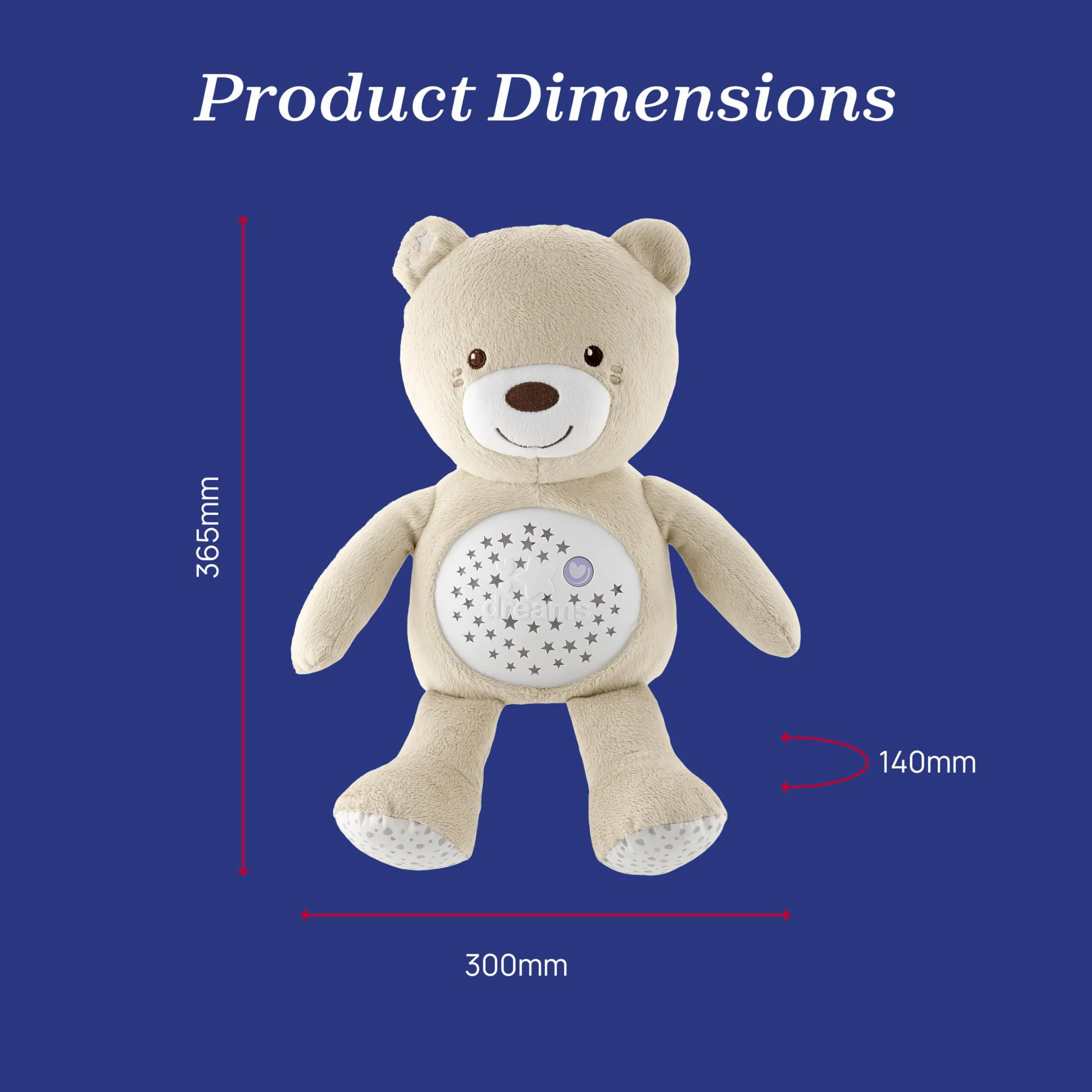 Chicco First Dreams Miś z Projektorem, Miękki Pluszowy Miś Wyświetlający Kolorowe Gwiazdki, Lampka Nocna dla Dzieci, Efekty Świetlne i Relaksujące Melodie, Zabawki dla Niemowląt 0 m +, Beżowy
