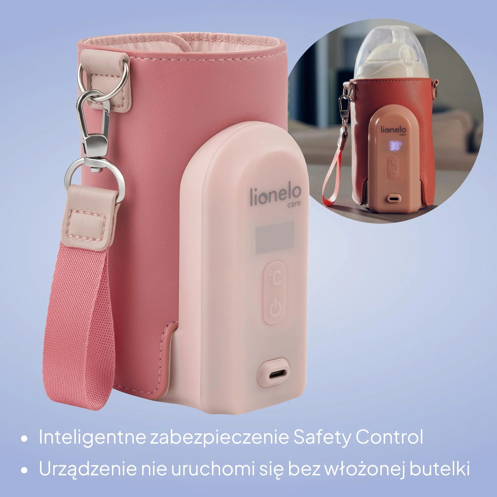 LIONELO Thermup Go Evo Przenośny Podgrzewacz do Butelek dla Niemowląt, 5 Temperatur, USB-C, LCD (Różowy)