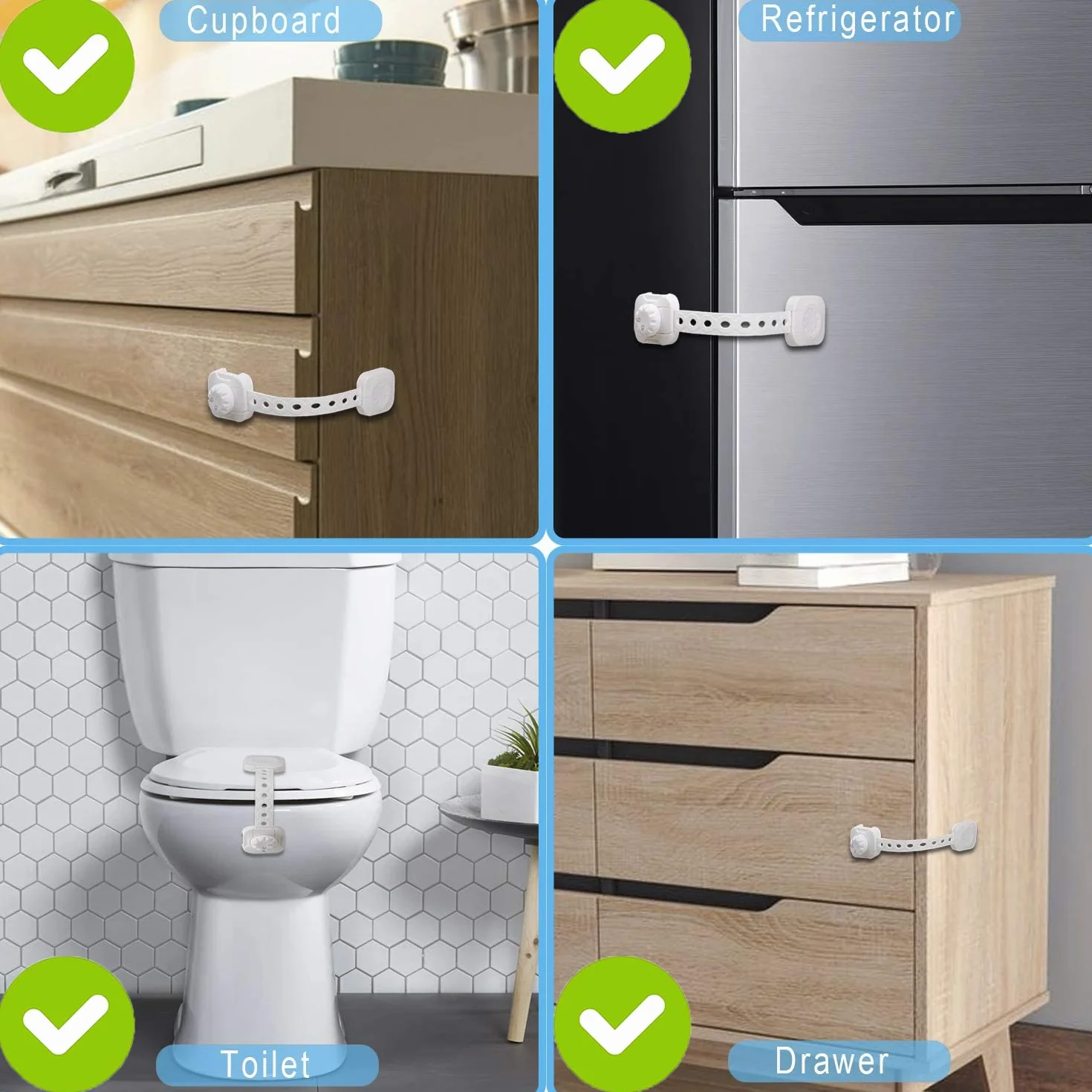 Regulowane zamki zabezpieczające przed dziećmi, zamki do szafki dla niemowląt, ulepszony system samoprzylepnych podwójnych zamków do szafek, szuflad, szafy, lodówki(Biały, 5 sztuk)