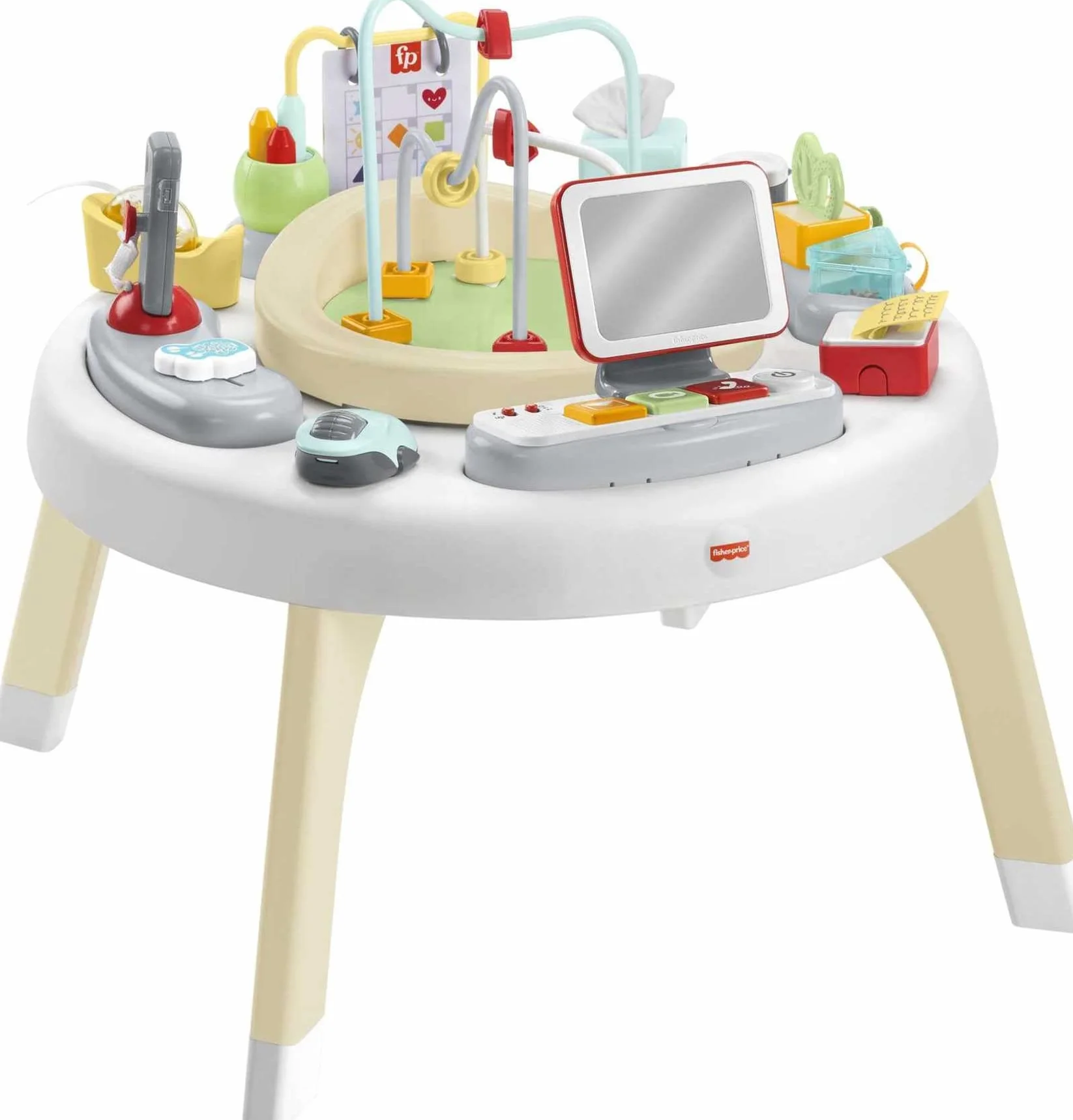Fisher-Price Mały szef 2 w 1, aktywizujące centrum zabaw dla niemowląt i stoliczek do zabawy z muzyką, światełkami i dźwiękami dla małych dzieci, HBM26