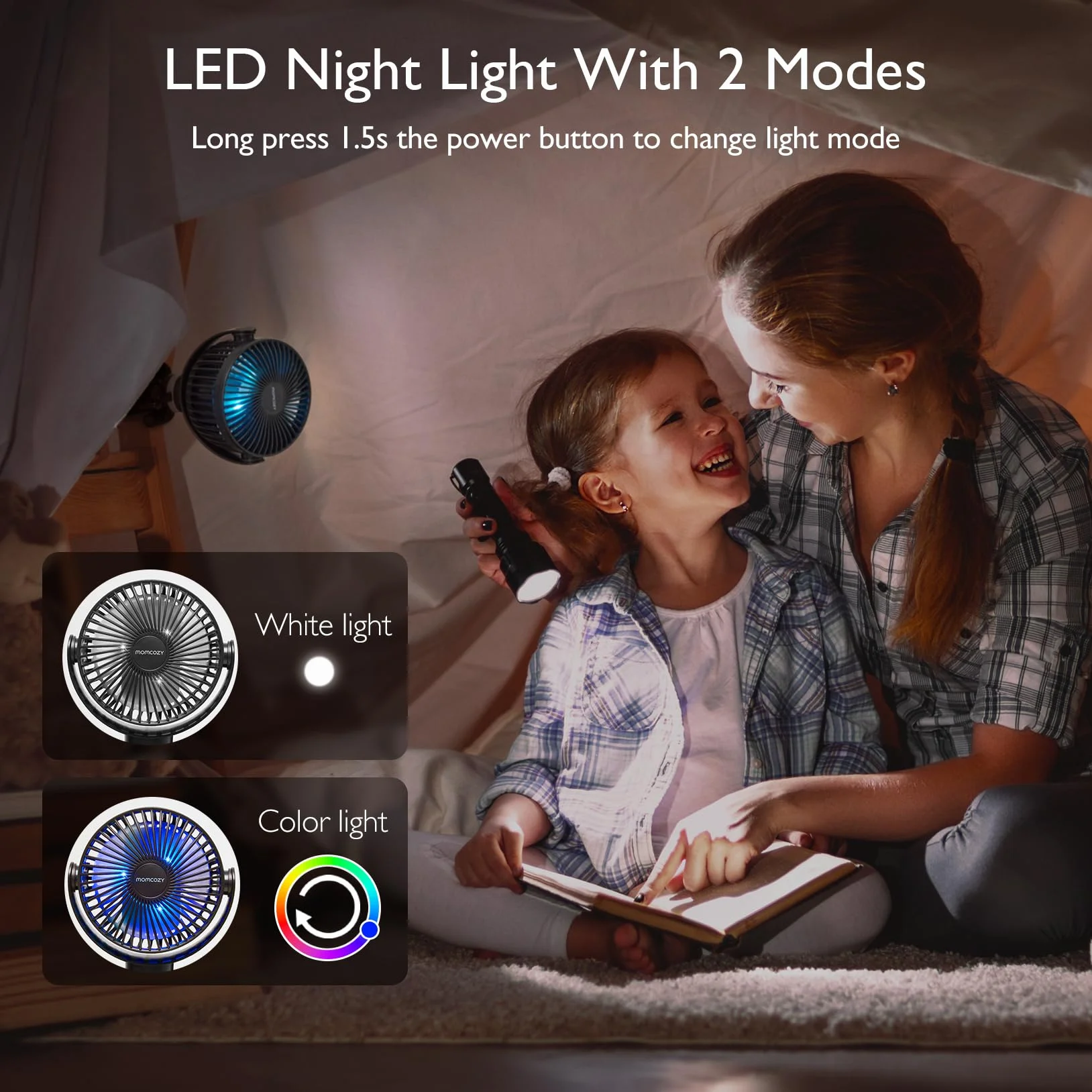 Momcozy Przenośny Wentylator Do Wózka 8000 mAh 27 H 4-Biegowy 360° LED Nocne 2 Tryby USB Ładowanie Czarny