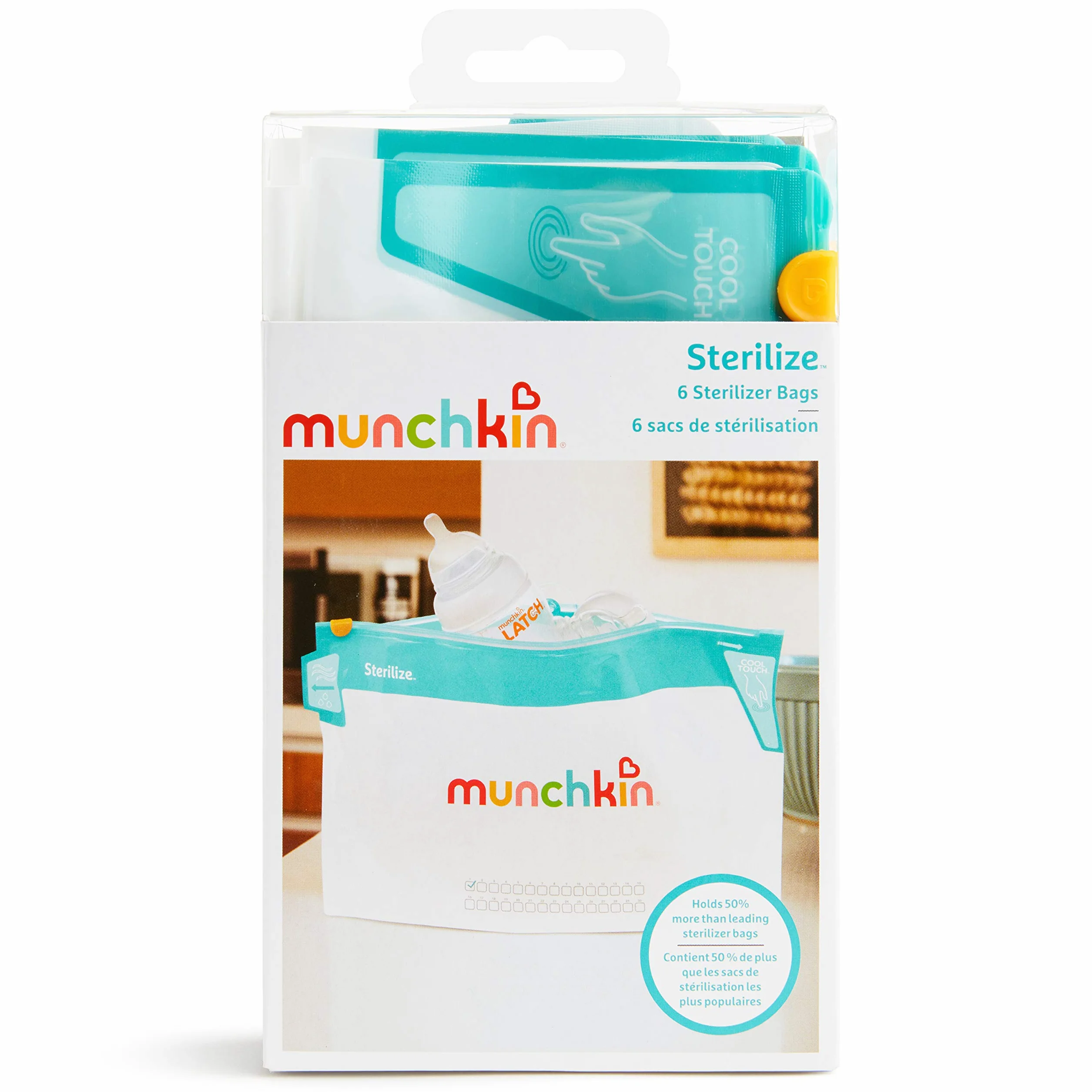 Munchkin Woreczki do Sterylizacji w Kuchence Mikrofalowej Cool Touch, do Smoczków do Butelek dla Niemowląt, 6 Torebek Wielokrotnego Użytku, Odkażacz na Zimną Wodę, Mini Sterylizator Podróżny