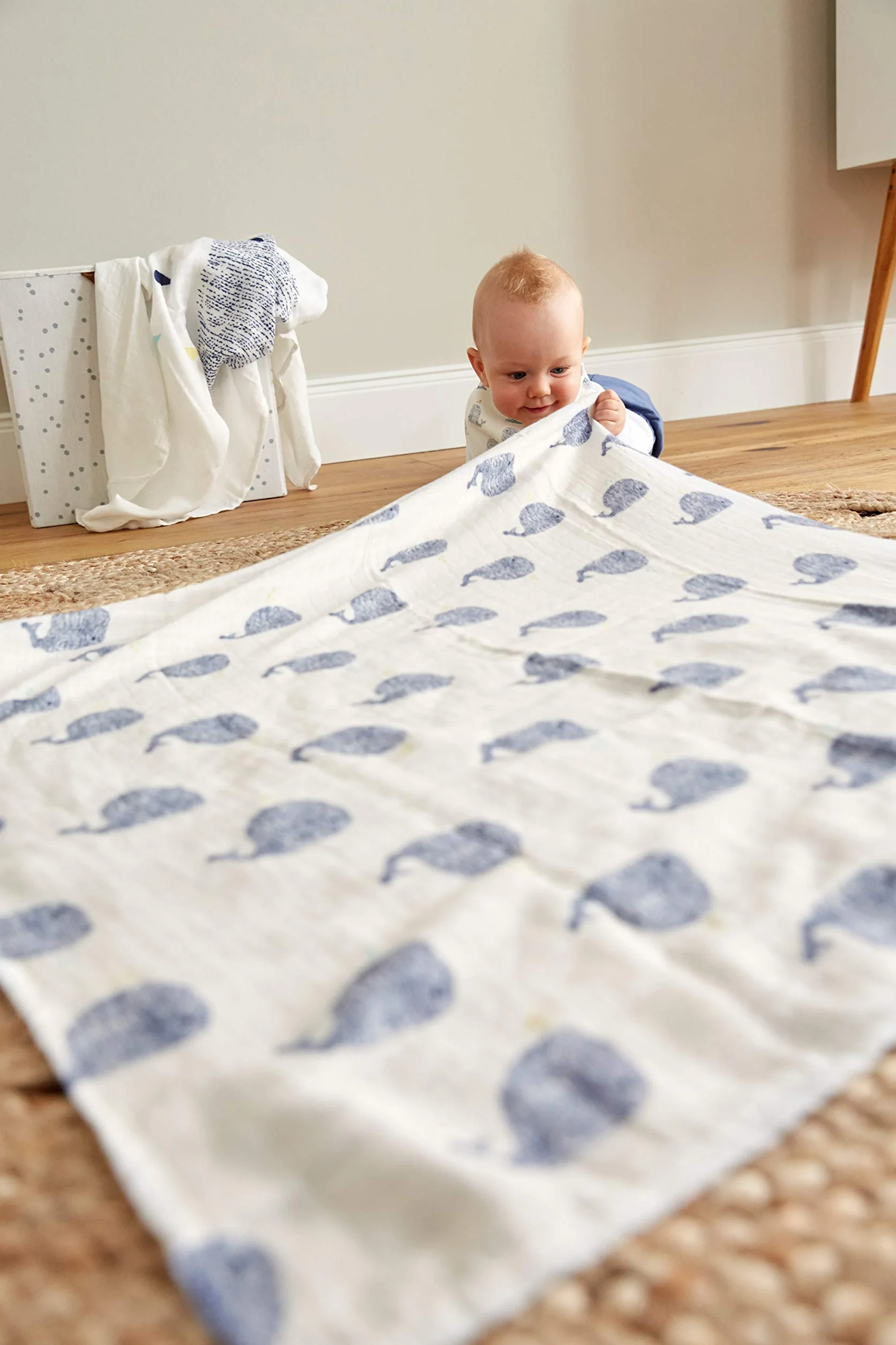 LÄSSIG Kocyk dla niemowląt, śliniak, chusta muślina, zestaw 3 sztuk, bawełna, 80 x 80 cm, Swaddle & Burp Blanket L, Little Water Whale