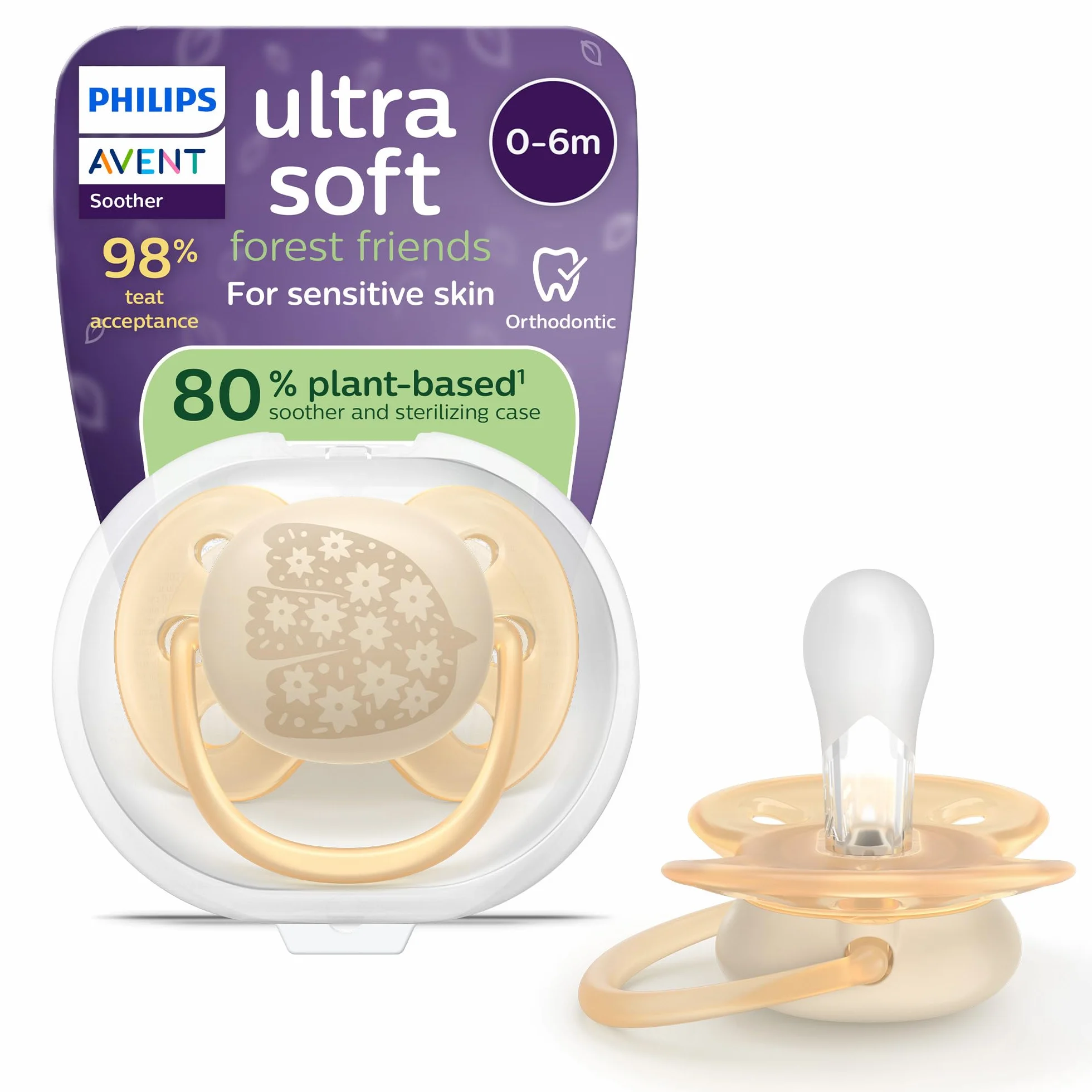 Philips Avent Ultra Soft Smoczek — ortodontyczny smoczek dla dzieci w wieku 0–6 miesięcy, elastyczna osłonka, symetryczna silikonowa końcówka, bez BPA, etui do sterylizacji, SCF092/06