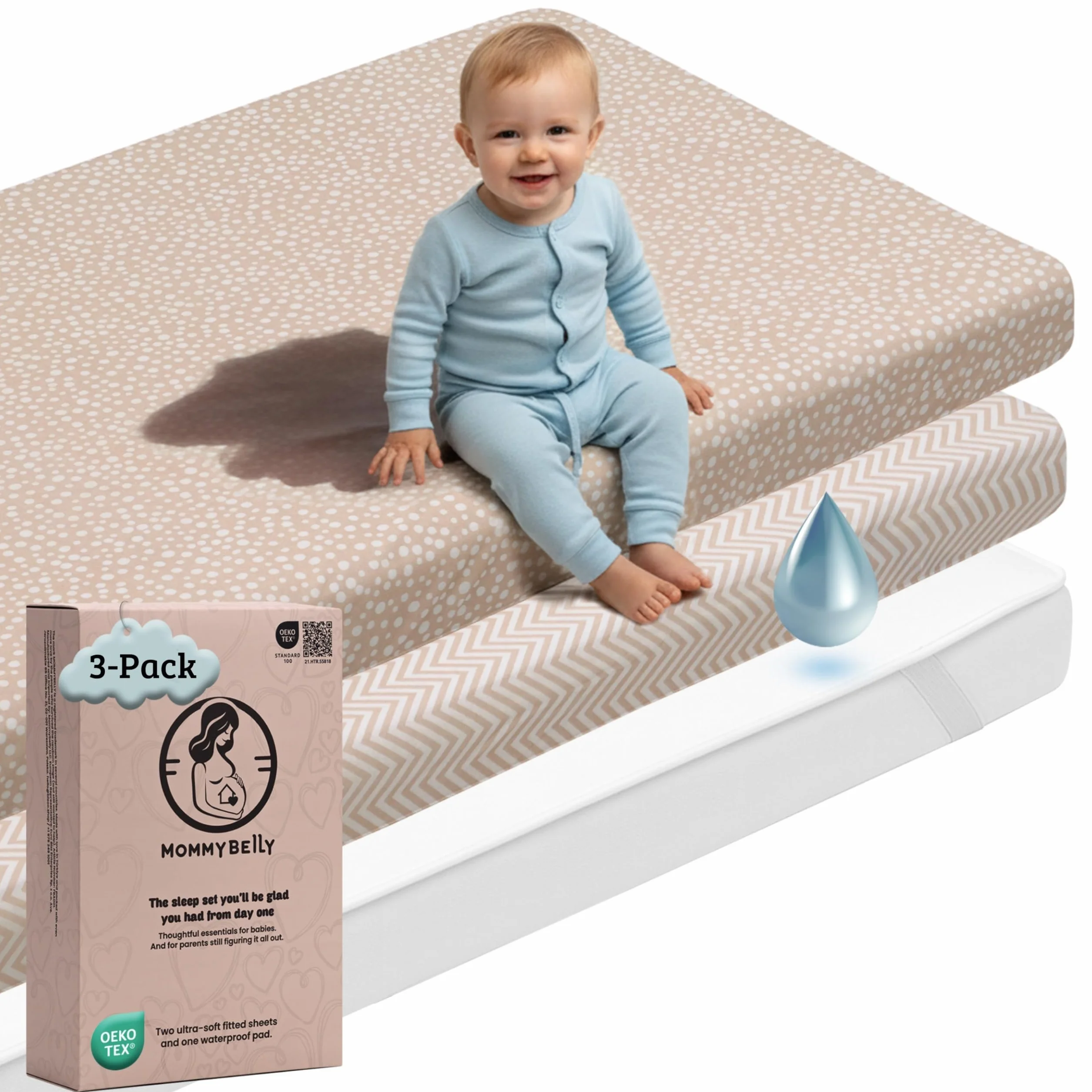 Zestaw Prześcieradeł Łóżeczko Niemowlęce 60x120 / 60x125. 2 Prześcieradła z Gumką z Bawełny Jersey + 1 Wodoodporny Ochraniacz na Materac Frotte. OekoTex. Wzór Beżowy 125x60 / 120x60