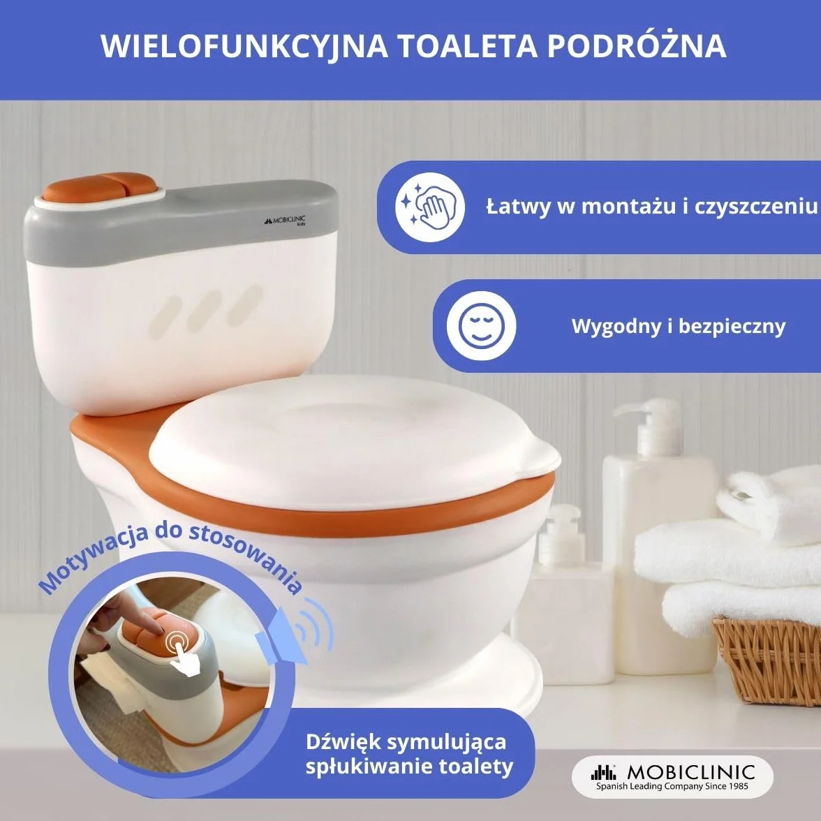 Mobiclinic® kids, Nocnik dla dzieci, Toikid, Wiek 1-6 lat, Z pokrywką, Dźwięk spłukiwania, Przegroda na papier toaletowy, Zasilany bateriami, Wyjmowana misa, Nieprzemakalne siedzisko
