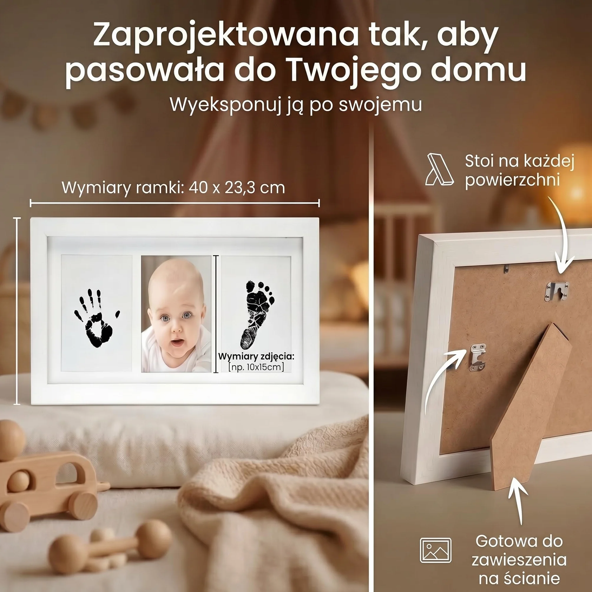 Baby Photo Frame Imprint/Ink Set - ramka na odciski dłoni, stóp i zdjęcia; zestaw upominkowy z okazji narodzin, chrztu, rozstania z dzieckiem itp. 3-częściowy biały (Atrament)