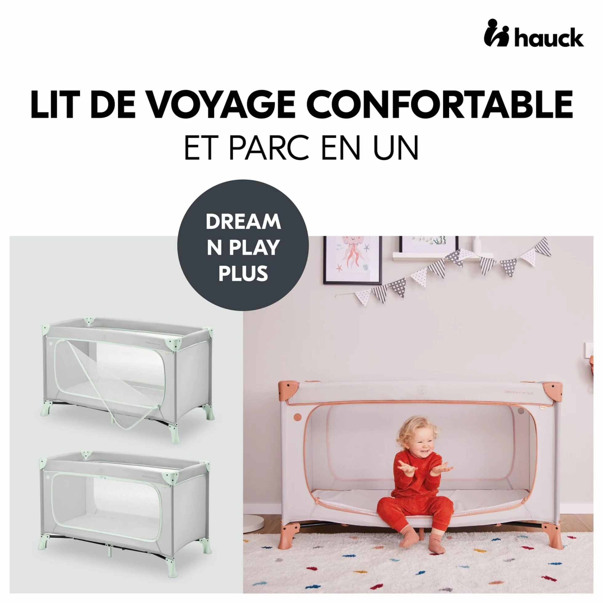 hauck Dream N Play Plus, Dusty Mint - dziecięce łóżko podróżne z torbą transportową – duży zamek do zabawy – małe składane – dziecięce łóżeczko podróżne dla małych dzieci od urodzenia do 15 kg