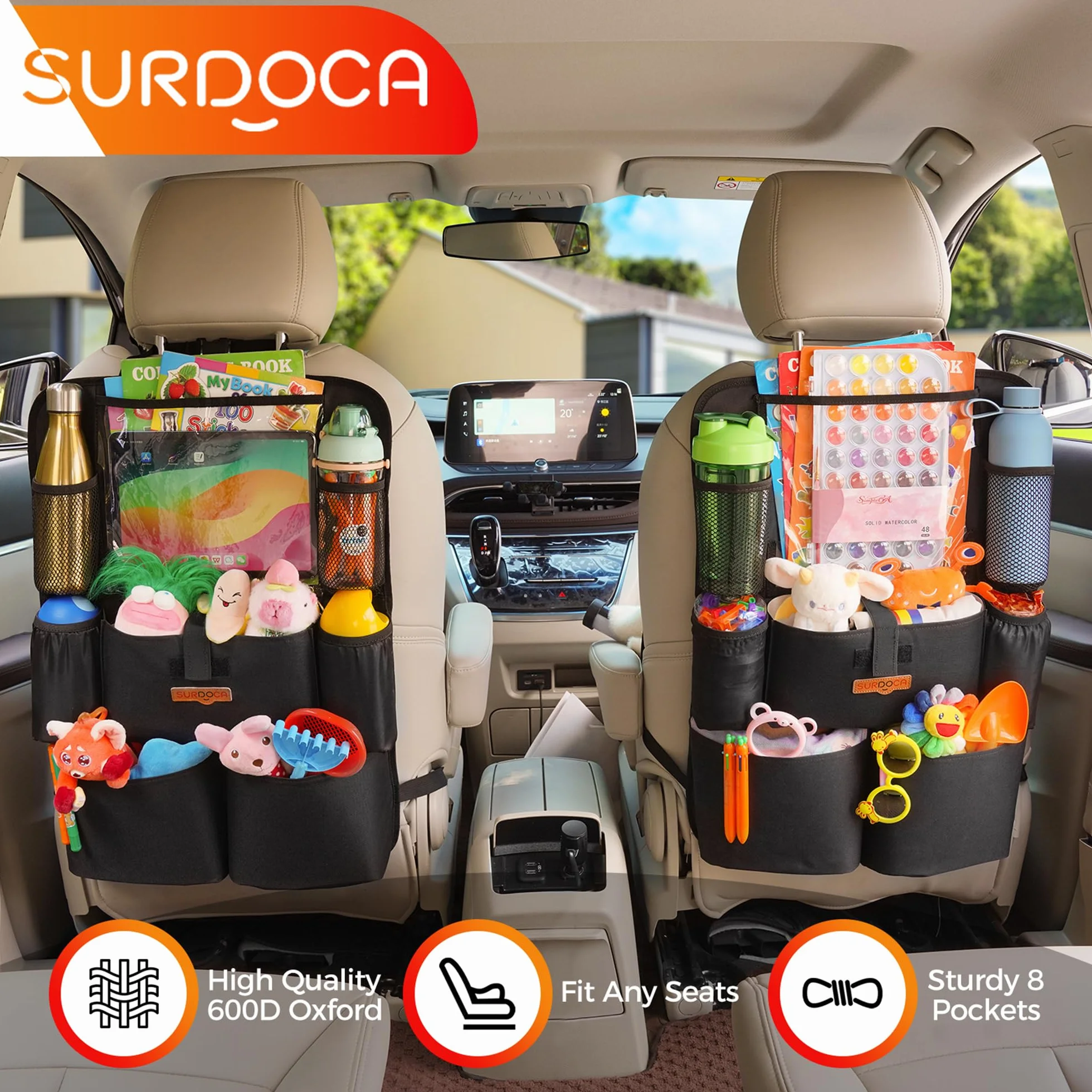 SURDOCA Organizer na fotel samochodowy 4. generacji, na tylne siedzenie, do 10,5 cala tablet, 9 kieszeni, wodoszczelny, Czarny