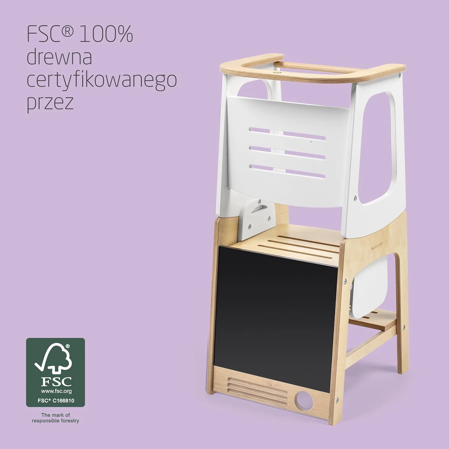 Maxi-Cosi Toucan 3 w 1 Wieża Edukacyjna dla Niemowląt, Montessori Pomocnik Kuchenny Drewniany, 1,5–99+lat, 10–150kg, 3 Ustawienia Wysokości, Stolik+Krzesełkiem, FSC® 100% Certyfikowanego, Natural Wood