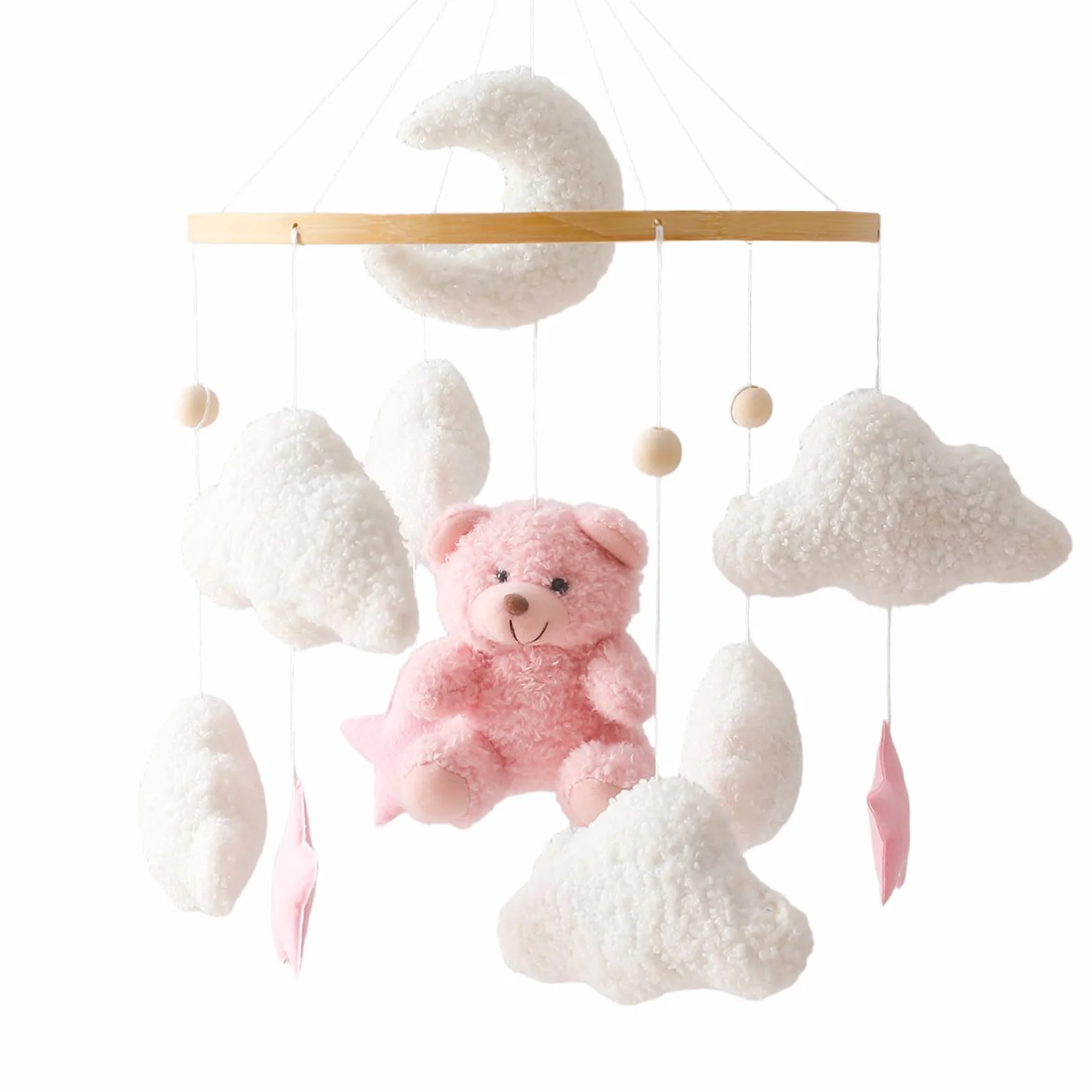 Herfair Mobile Baby Dzwonek do łóżeczka dziecięcego pluszowy miś drewniany różowy