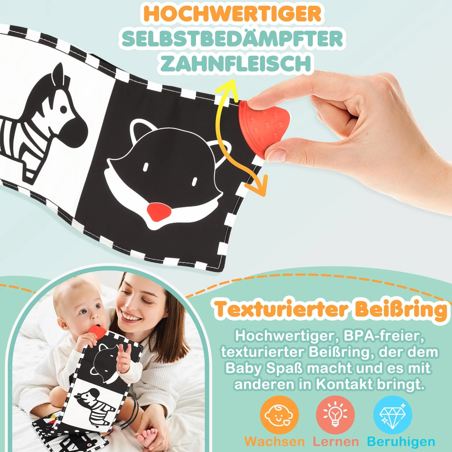 Black & White książka dla niemowląt, książka z kontrastem dla niemowląt, z materiału, dla niemowląt, dla dzieci 0, 3, 6, 9, 12 miesięcy, prezent dla noworodka