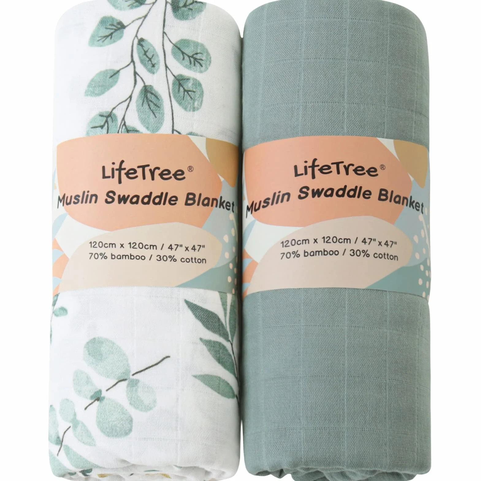 LifeTree pokrowce muślinowe, miękkie muśliny, bawełna bambusowa 120 cm x 120 cm unisex muślin, liście eukaliptusa i rzymska zieleń
