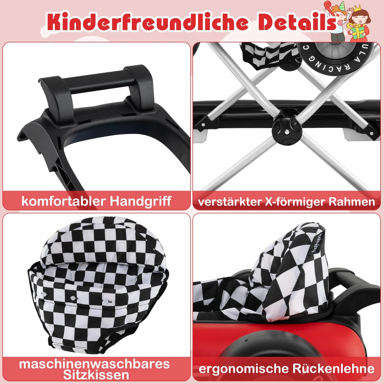 COSTWAY Pomoc w nauce chodzenia 4 w 1, wózek do nauki chodzenia, składany z regulacją wysokości, Baby Walker w kształcie samochodu z kierownicą i pozytywką, wózek z kółkami dla dzieci w wieku 6-18