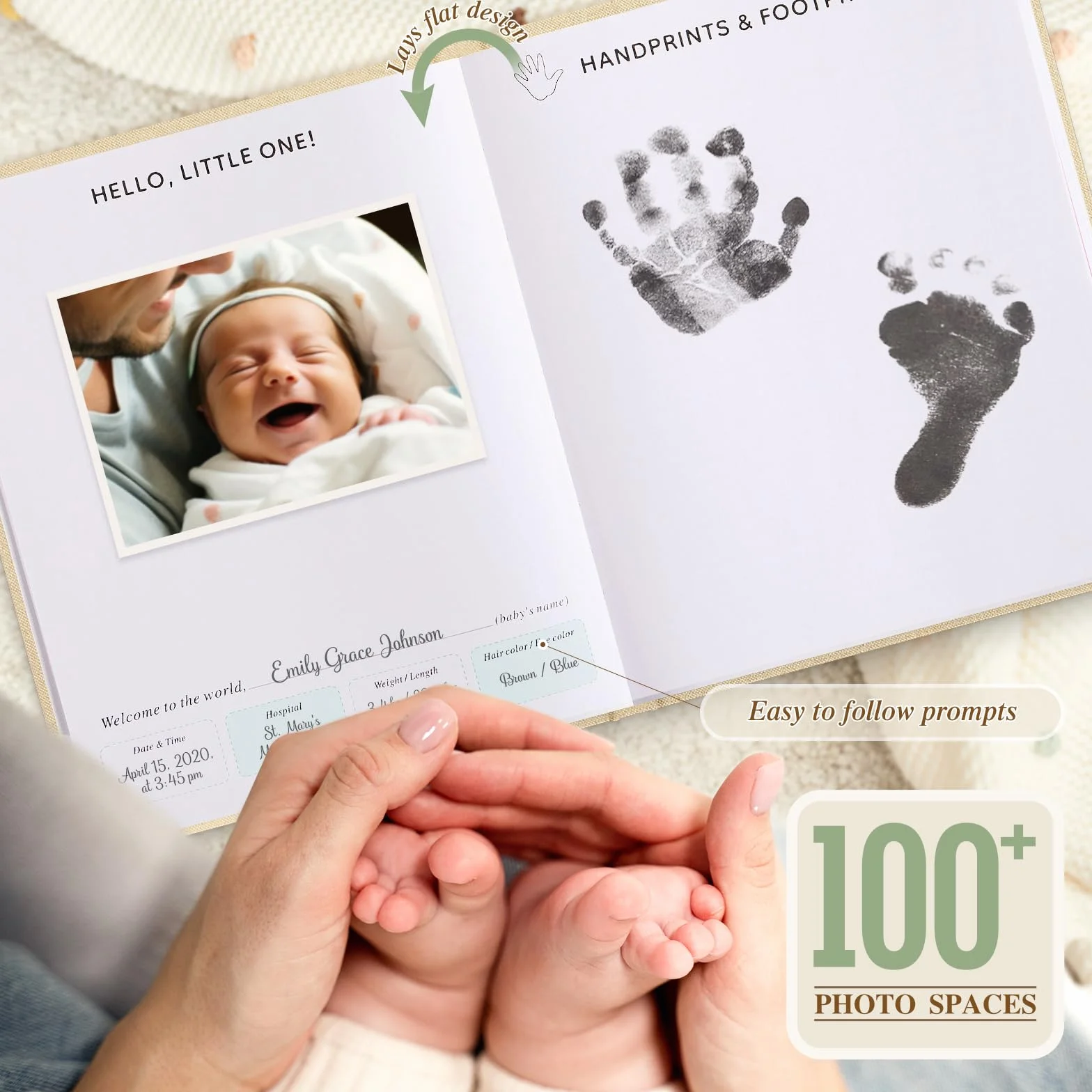 Lanpn Album fotograficzny dla dziecka Pierwszy 5 Rok dla chłopca dziewczynki, The Story of Your Baby Memory Book, Pamiętnik dla dzieci, Dziennik dla noworodków Prezent (154 strony, angielski, zielony)