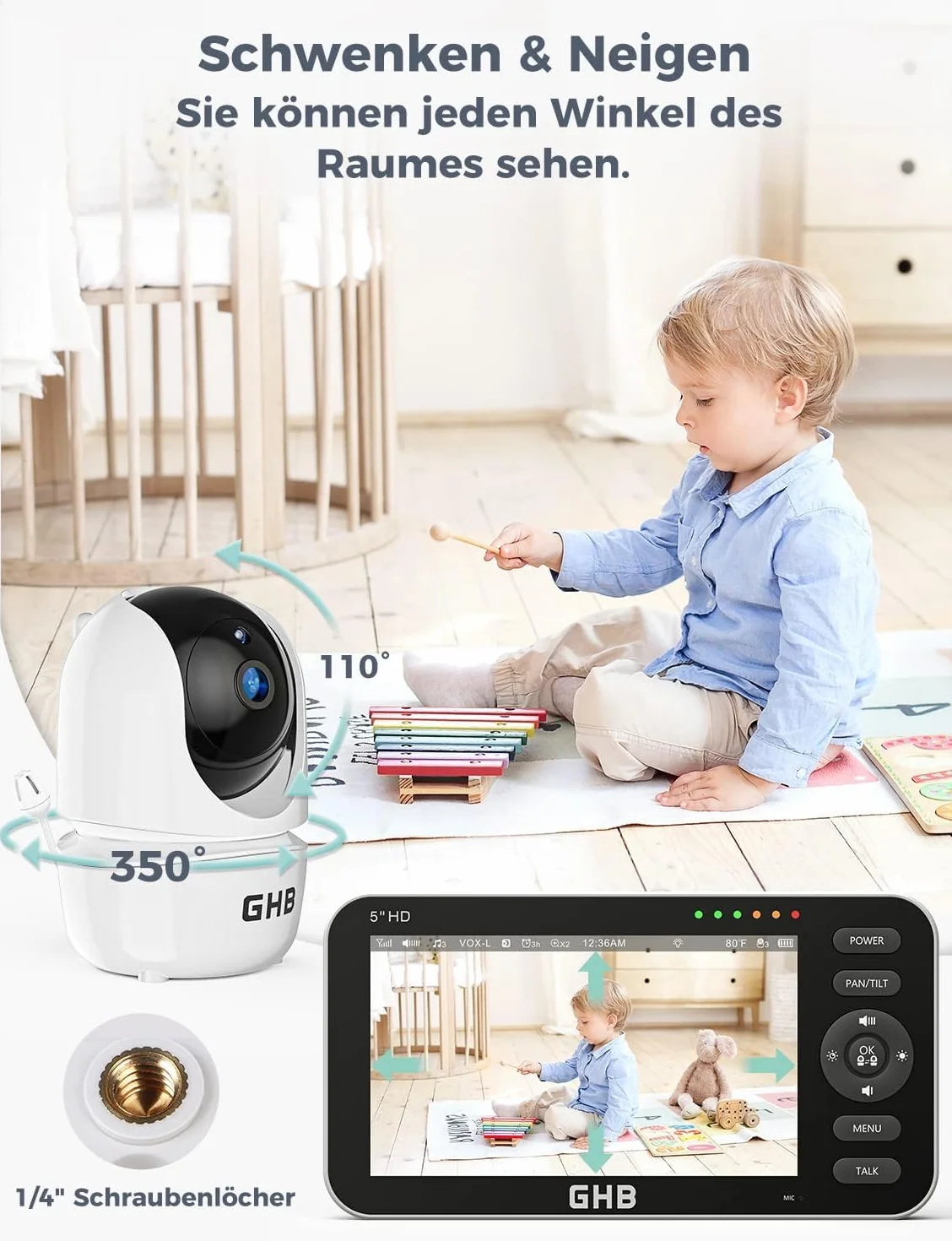 Niania elektroniczna z kamerą 5-calowy wyświetlacz 720P HD IPS akumulator 4000mAh Pan/Tilt 350°/110° VOX noktowizja