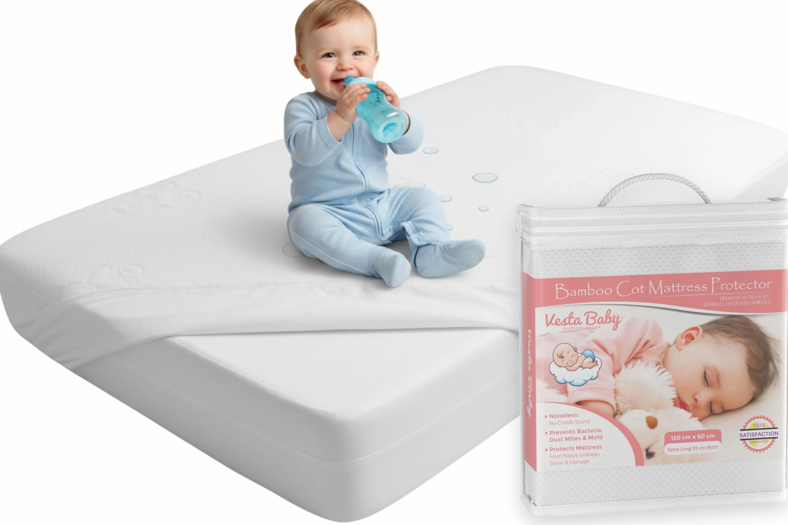 Vesta Baby Łóżko dziecięce, ochrona materaca klasy premium, cicha, wodoszczelna osłona na materac, naturalny bambus, cicha nakładka na łóżko dla niemowląt i małych dzieci, 120 x 60 cm