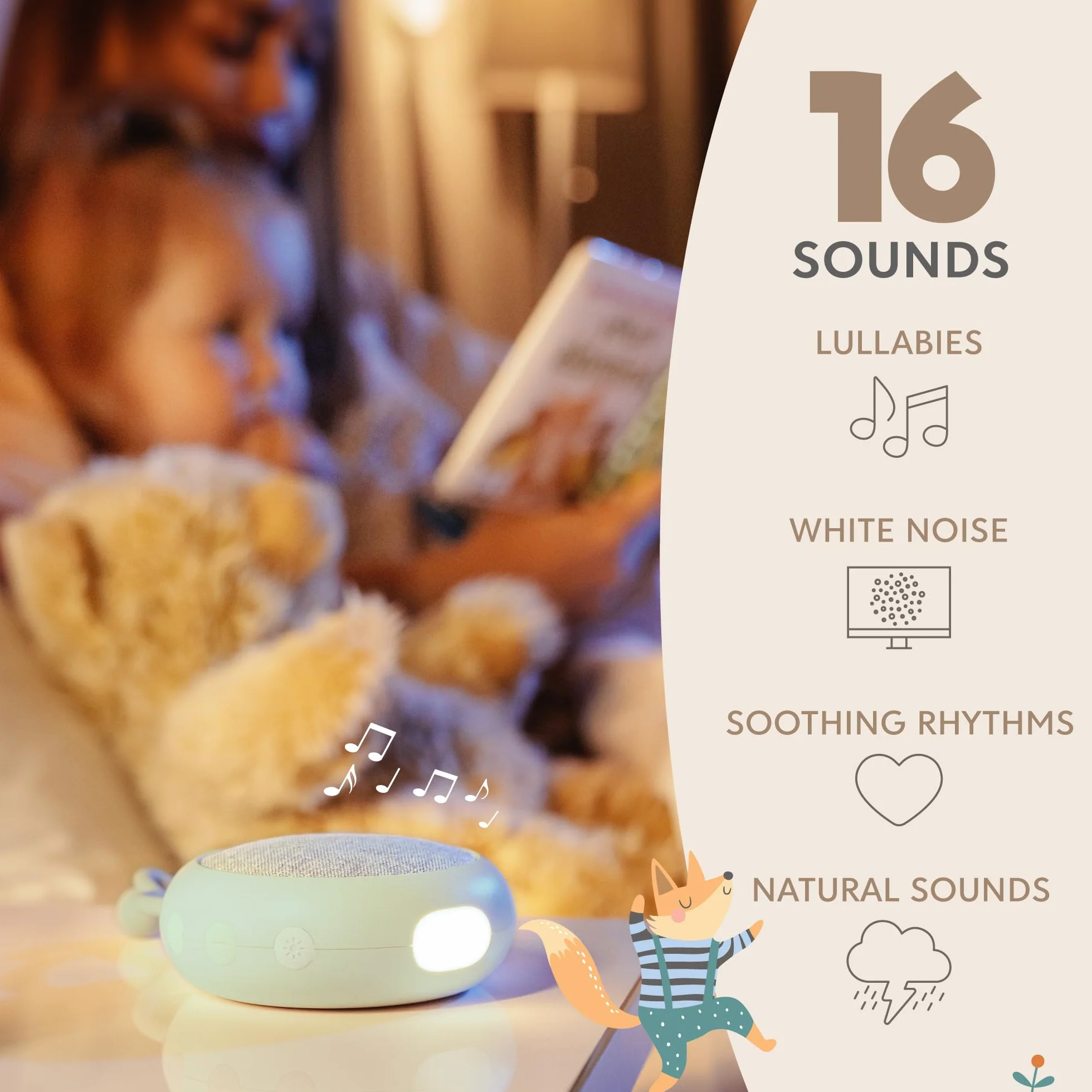 Sweety Fox Baby White Noise Machine - Zielony, Baby Kołysanka, Lampka nocna i White Noise Sleep, 15 dźwięków, Ładowanie przez USB
