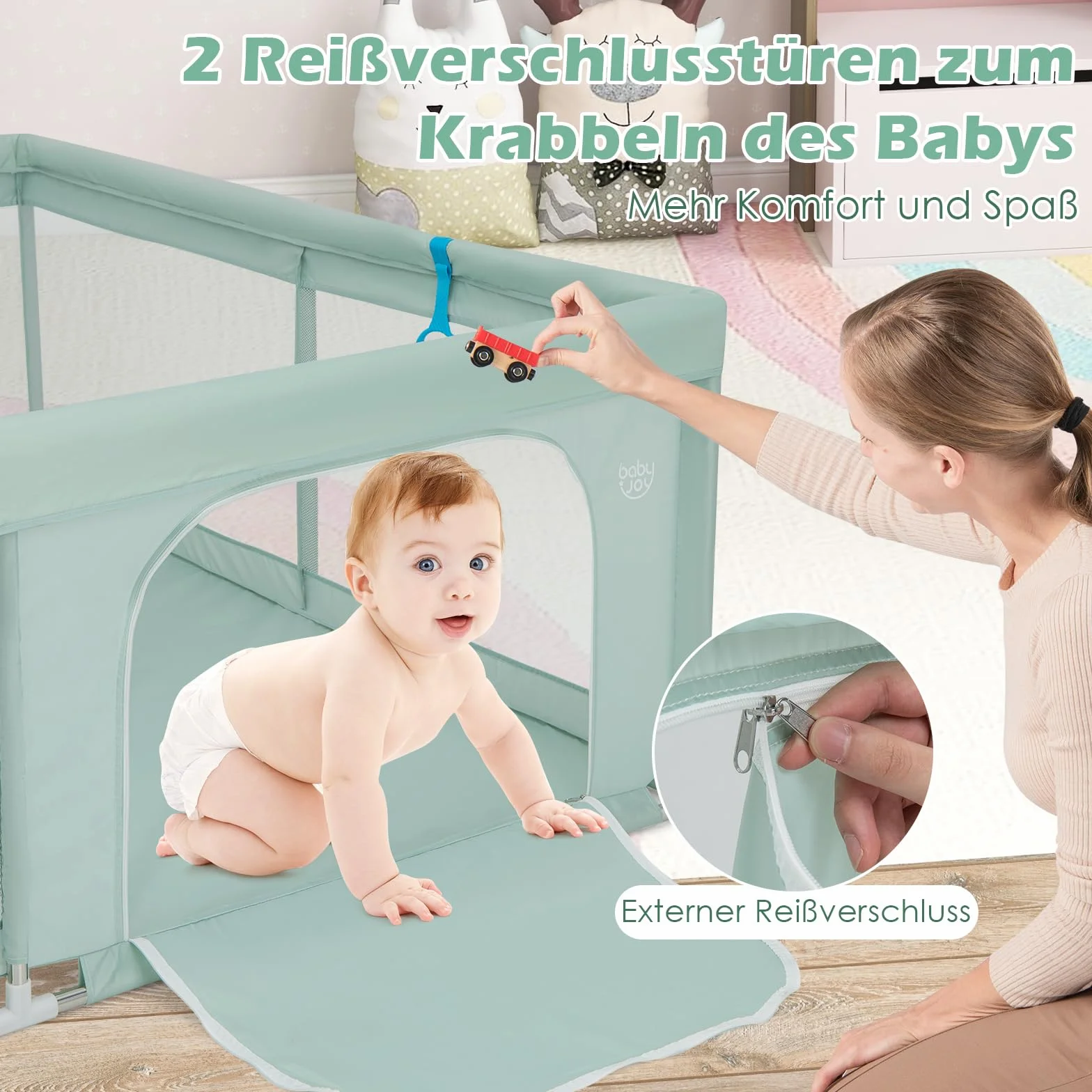 GOPLUS Kojec dla niemowląt 200 x 180 cm, kojec z materacem, 4 pierścienie pod ręce i 50 piłek do zabawy, kratka do raczkowania z oddychającą siatką, drzwi i zamek błyskawiczny dla niemowląt i małych