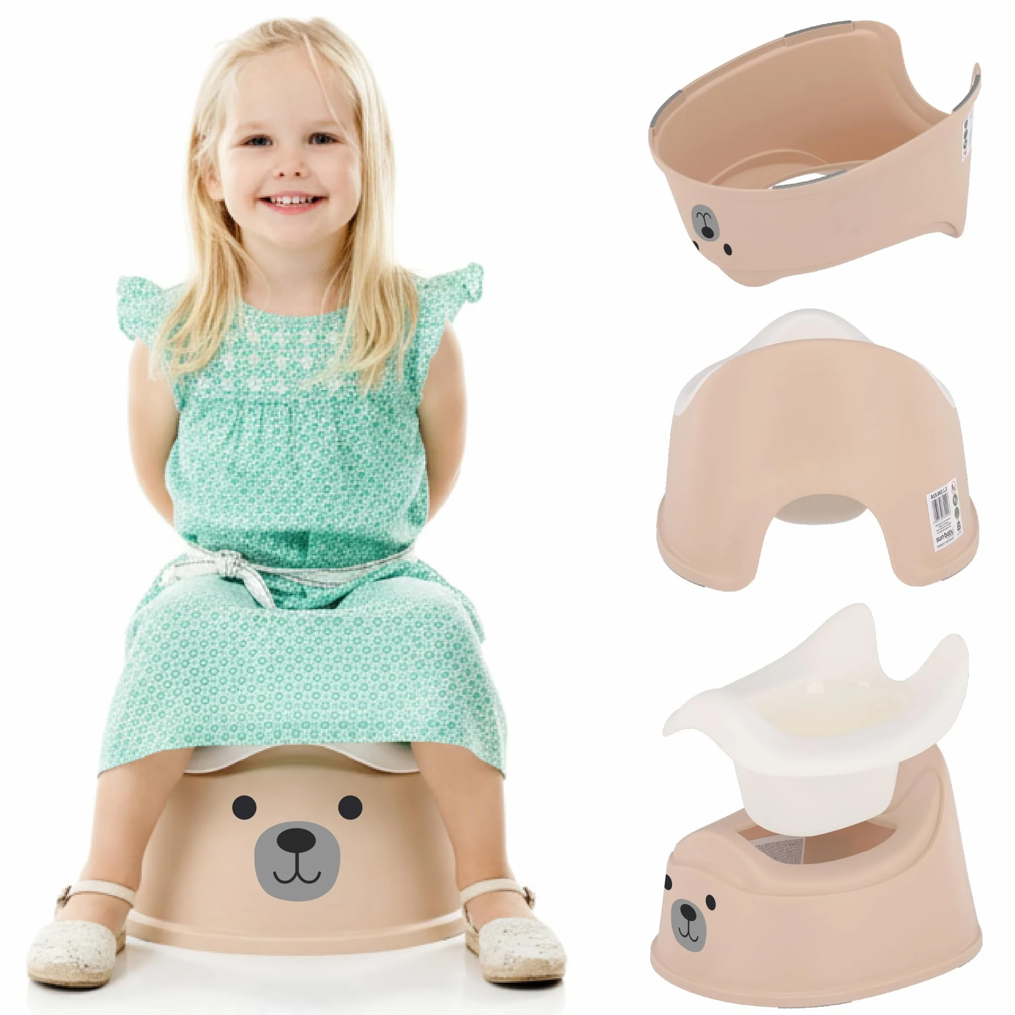 sun baby Nocnik dla dzieci 18-36 miesięcy, antypoślizgowe nóżki, ergonomiczne oparcie, wyjmowany wkład, tworzywo sztuczne, do 15 kg (Beżowo-Biały + Naklejka Miś)