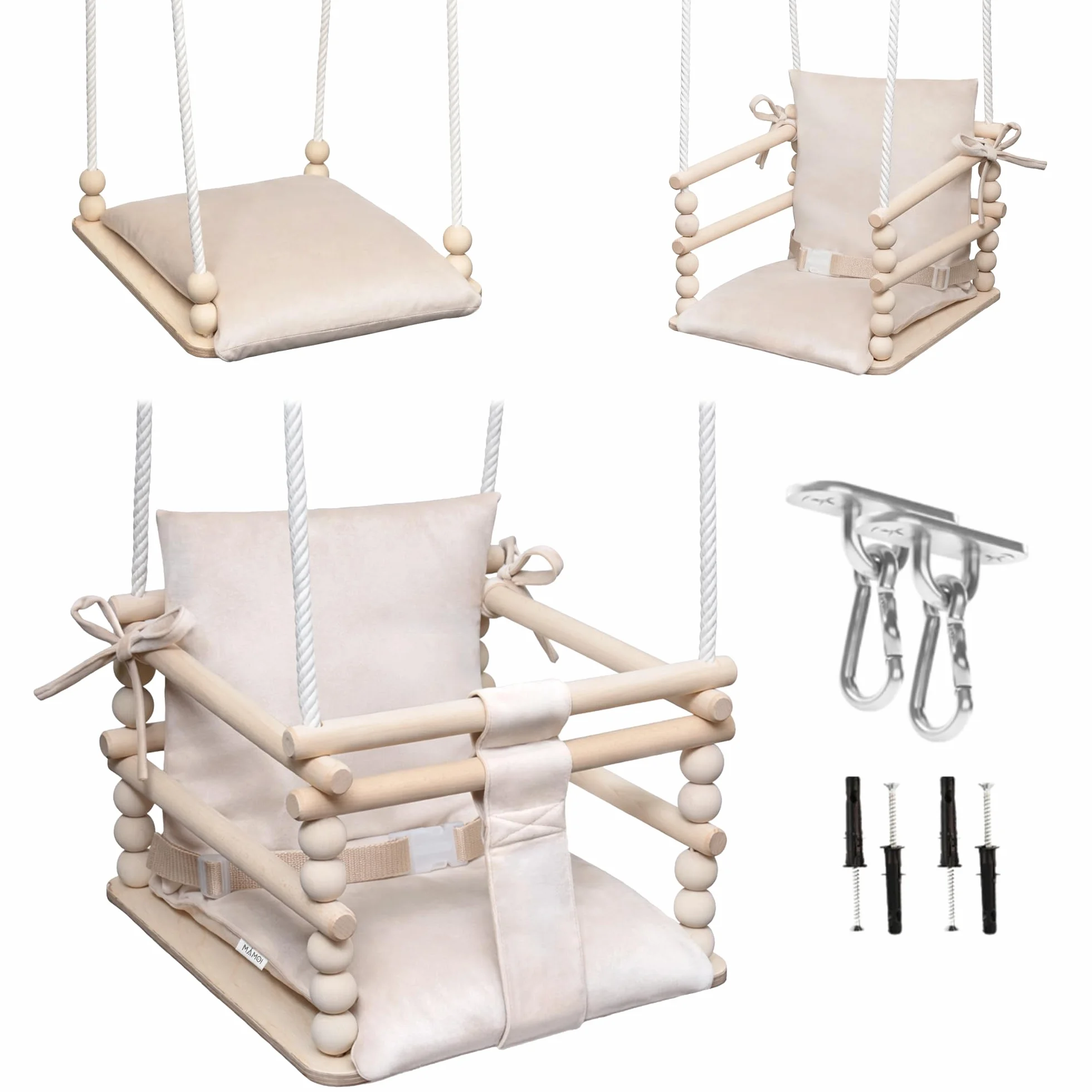 MAMOI® Huśtawka dziecięca 3 w 1 + PAS BEZPIECZEŃSTWA | Regulacja wysokości 190-260cm | Drewniana huśtawka dla dzieci | Wewnętrzna huśtawka dla dzieci do domu | CE | 100% ECO | Wyprodukowano w UE