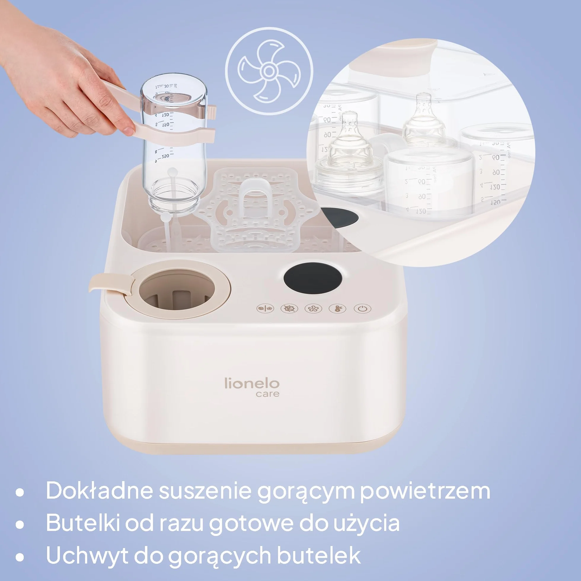 Lionelo SteamUp sterylizator 3 w 1 do butelek dla niemowląt z suszarką i ogrzewaczem butelek dla niemowląt, sterylizator parowy na 4 butelki, 99,99% redukcja zarazków, panel dotykowy, automatyczne