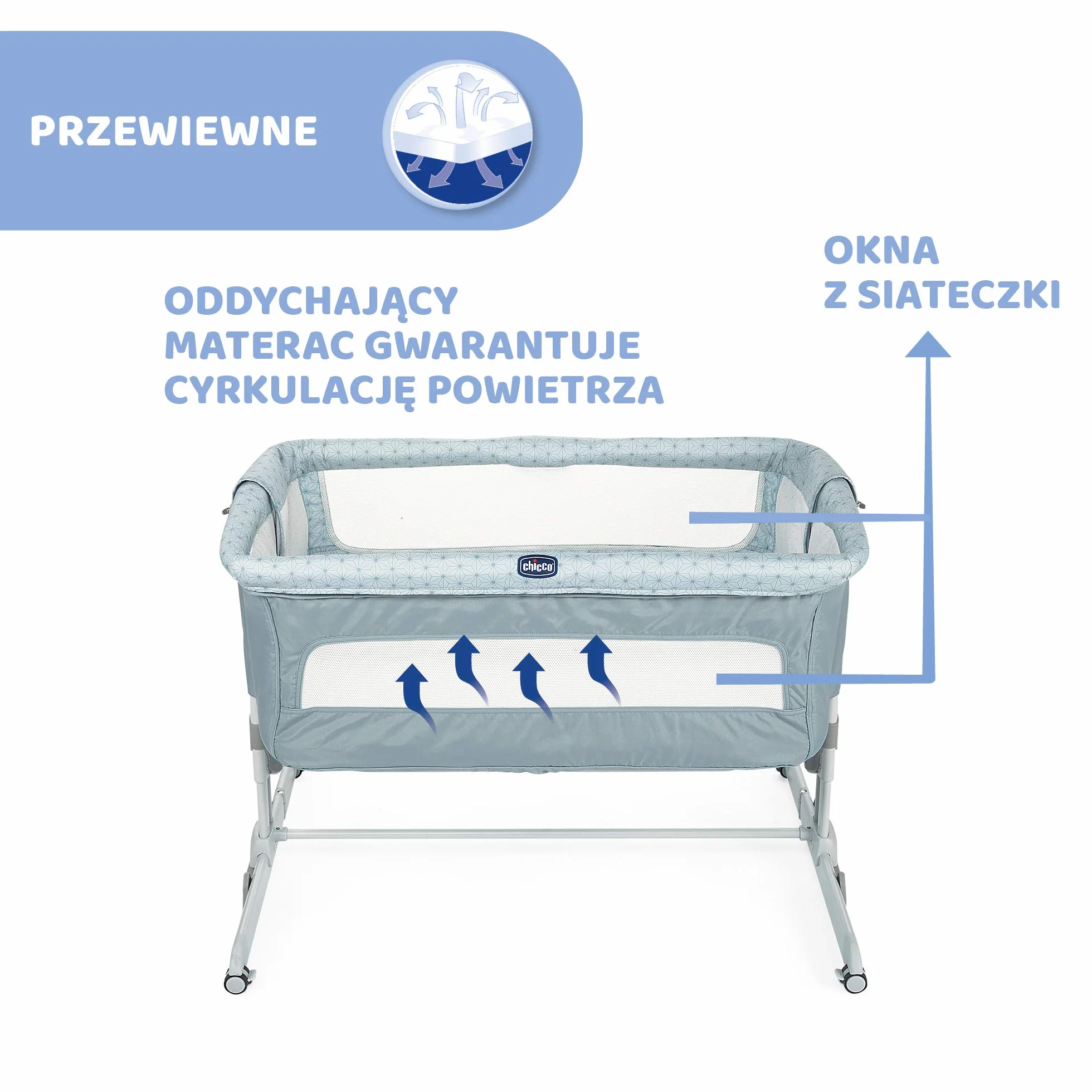 Chicco Next2Me Dream, Łóżeczko dziecięce boczne, łóżeczko do wspólnego spania, otwierany tył, regulowana wysokość, 4 koła i torba podróżna, 0-6 miesięcy, 9 kg, jasnoniebieski