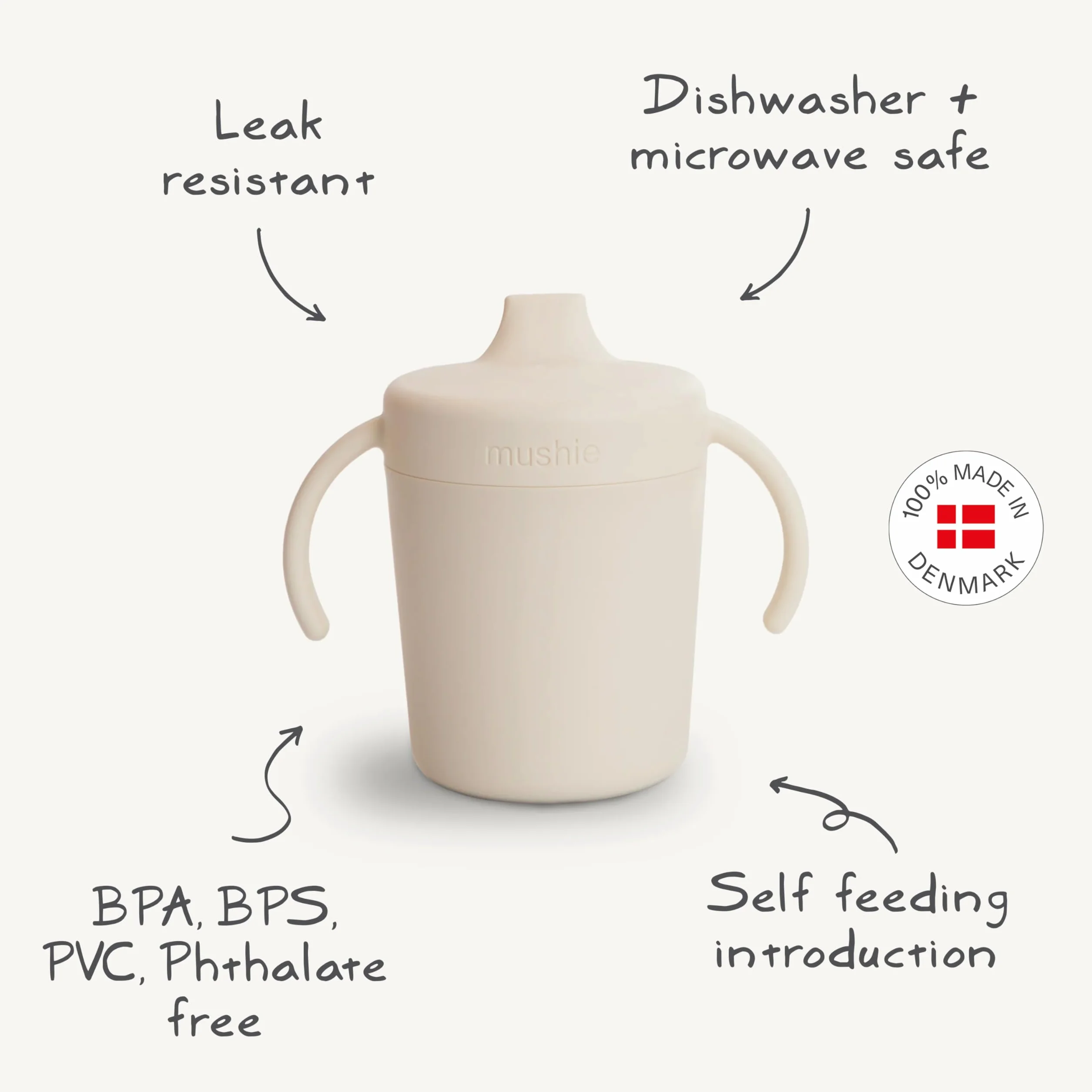 Mushie Trainer Sippy Cup – kubek dla niemowląt bez BPA, ze zdejmowaną pokrywką i uchwytami ułatwiającymi trzymanie – nadaje się do mycia w zmywarce, zaprojektowany w Danii kubek dla maluchów dla