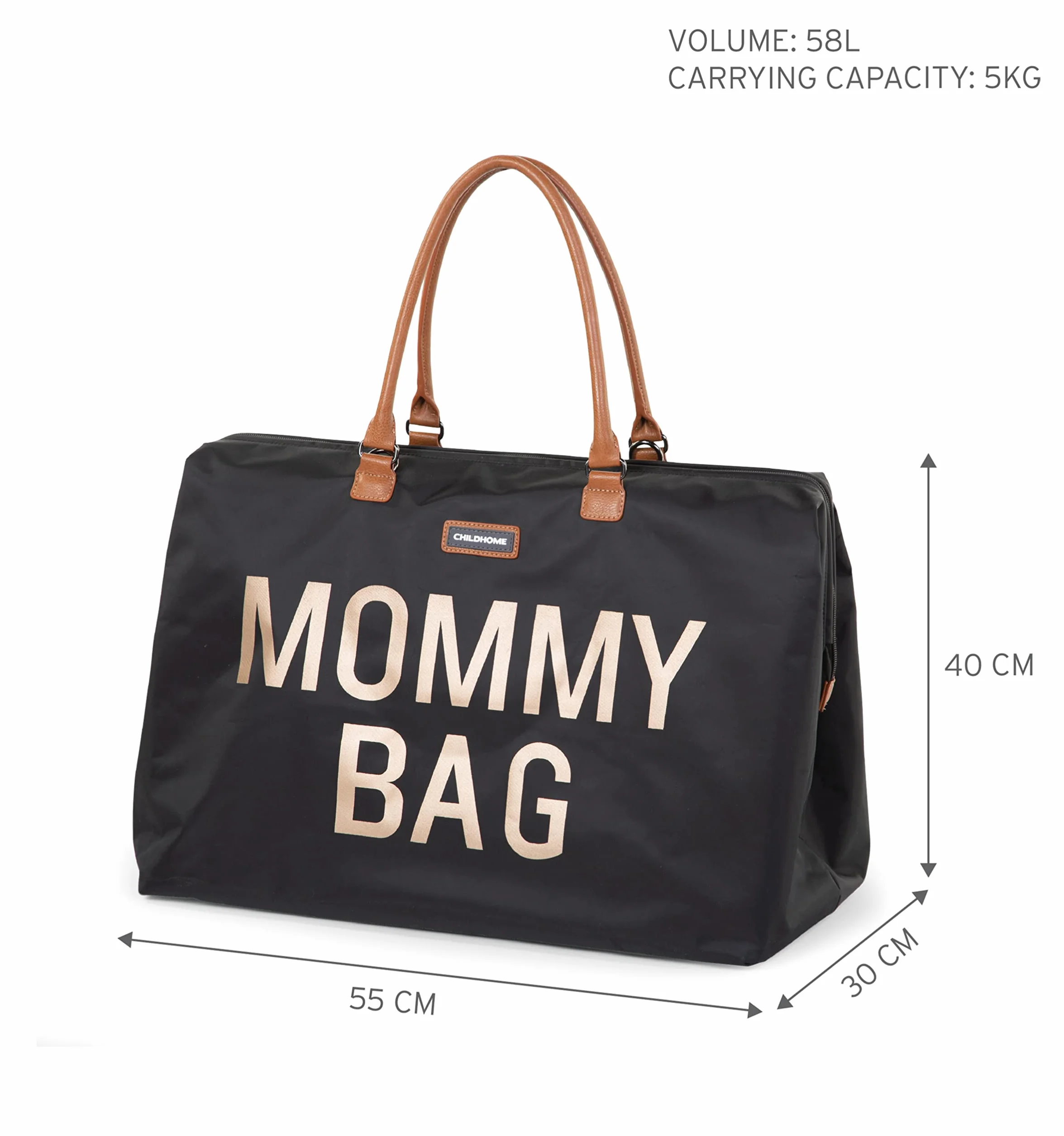 CHILDHOME, Mommy Bag, torba na pieluchy, dla kobiet w ciąży, torba podróżna, duża pojemność, mata do przewijania, regulowany pasek na ramię, izolowana kieszeń, przejście na walizkę, czarny/złoty