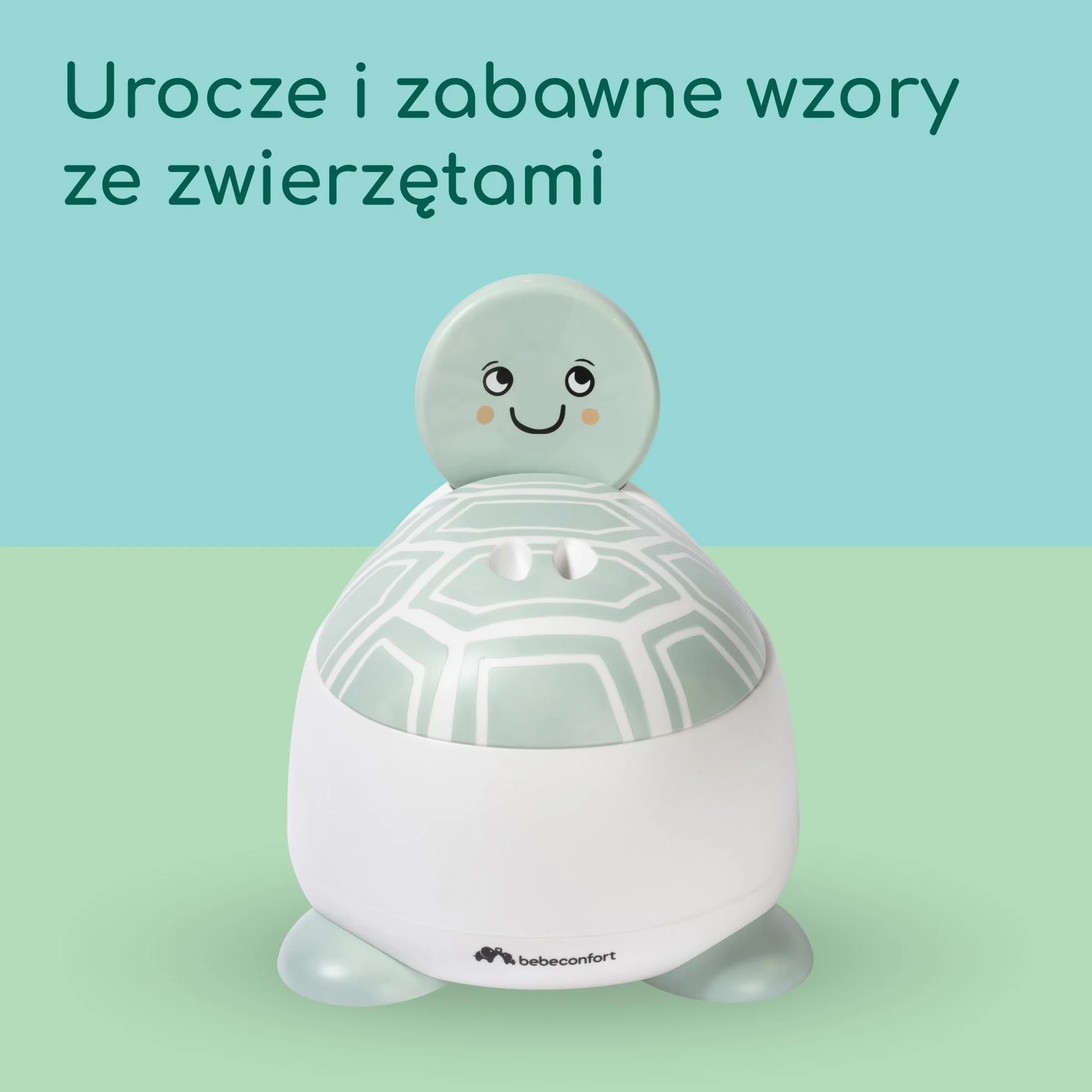 Bebeconfort Nocnik dla Dziecka, Nocnik Treningowy, 12-36 Miesięcy (Maks. 20 kg), Urocze Wzory ze Zwierzętami, Ergonomiczny i Kompaktowy, Łatwe Czyszczenie, Higieniczna Osłona, Antypoślizgowy, Żółw