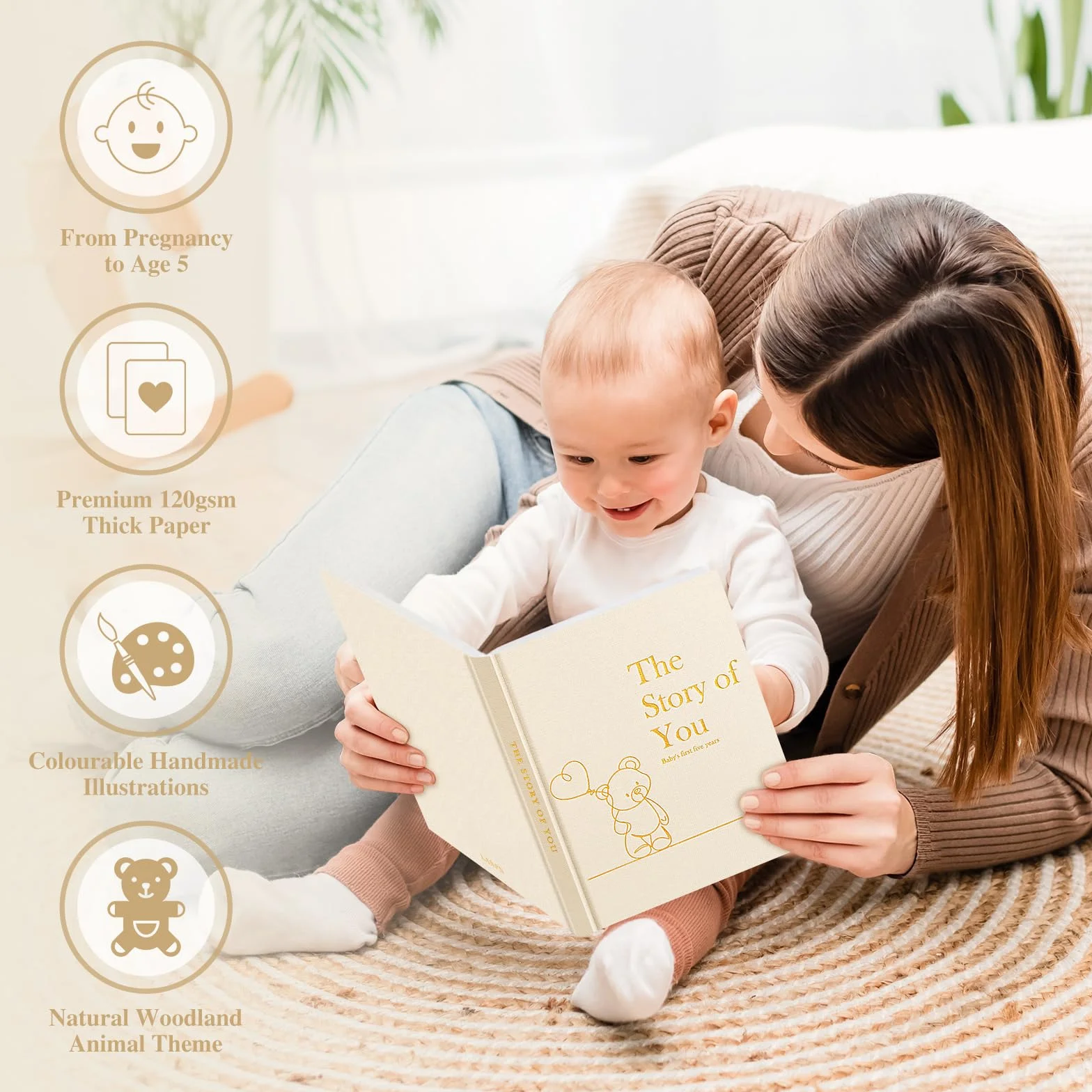 Lanpn Album ze zdjęciami dla dziecka Pierwszy 5 Rok, The Story of Your Baby Memory Book, Pamiętnik Baby Book, Dziennik dla noworodków Prezent (beżowy, angielski, 154 strony)