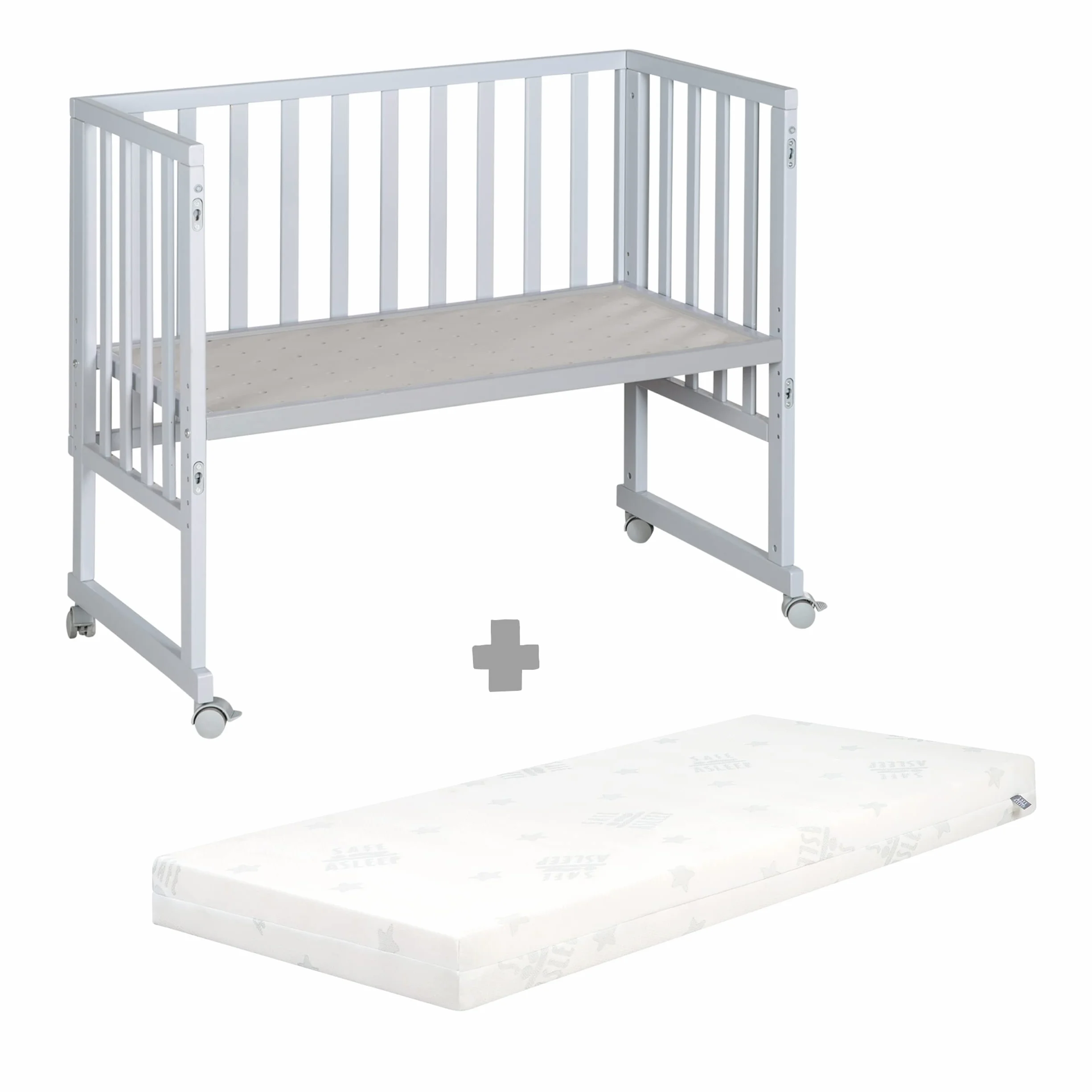 roba Cododo Łóżko 45 x 90 cm safe asleep 3 w 1 - Regulowana wysokość - Kompletny zestaw z łóżeczkiem, materacem, płotą płócienną i kółkami hamulcowymi - drewno szare