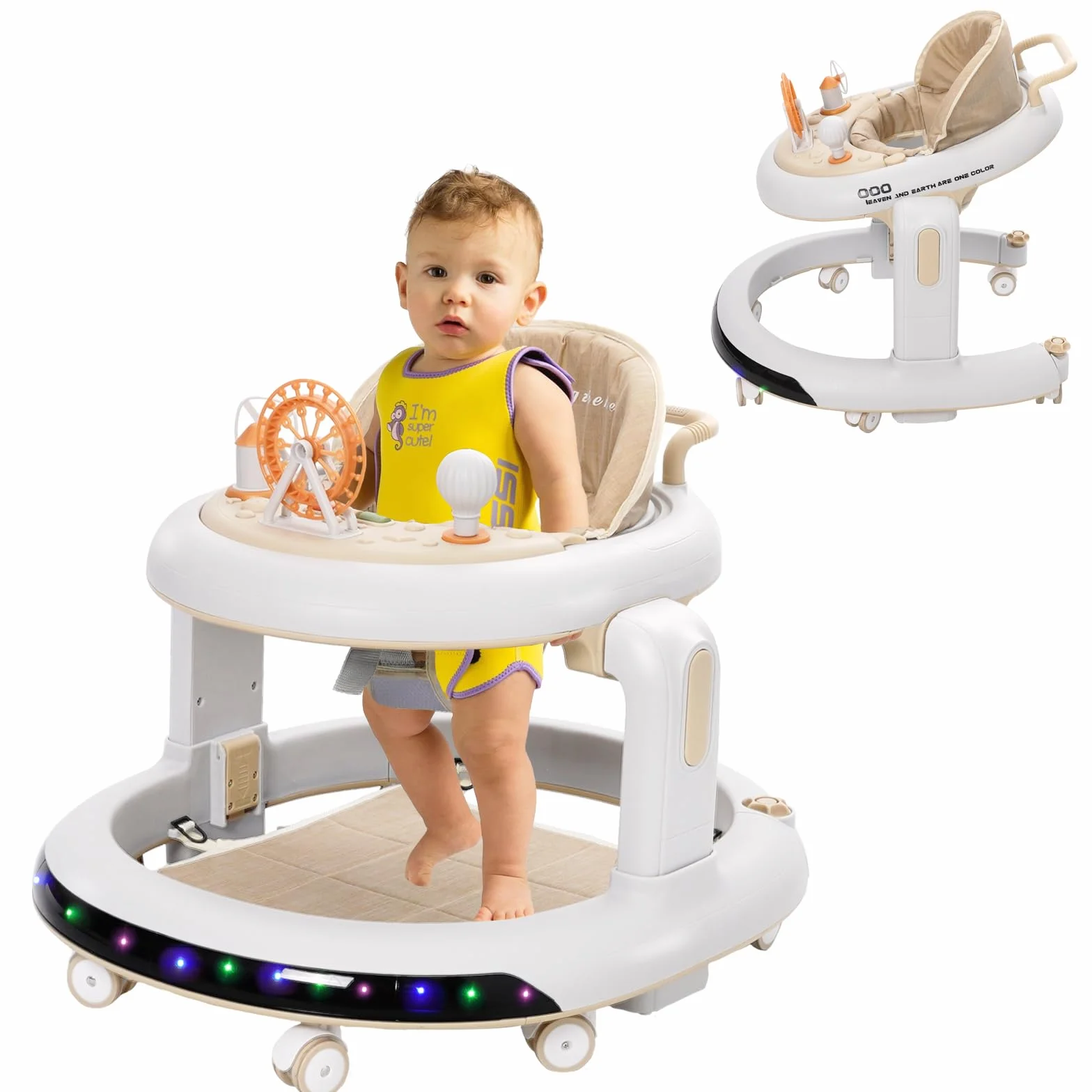 3 w 1 Chodzik dla dzieci, 6 regulowanych wysokości i 2 poziomów regulowanego siedzenia, BabyWalker z cichymi kołami 360°, tacą na kolację i wyjmowaną tacą na muzykę, dla dzieci w wieku 6-18 miesięcy