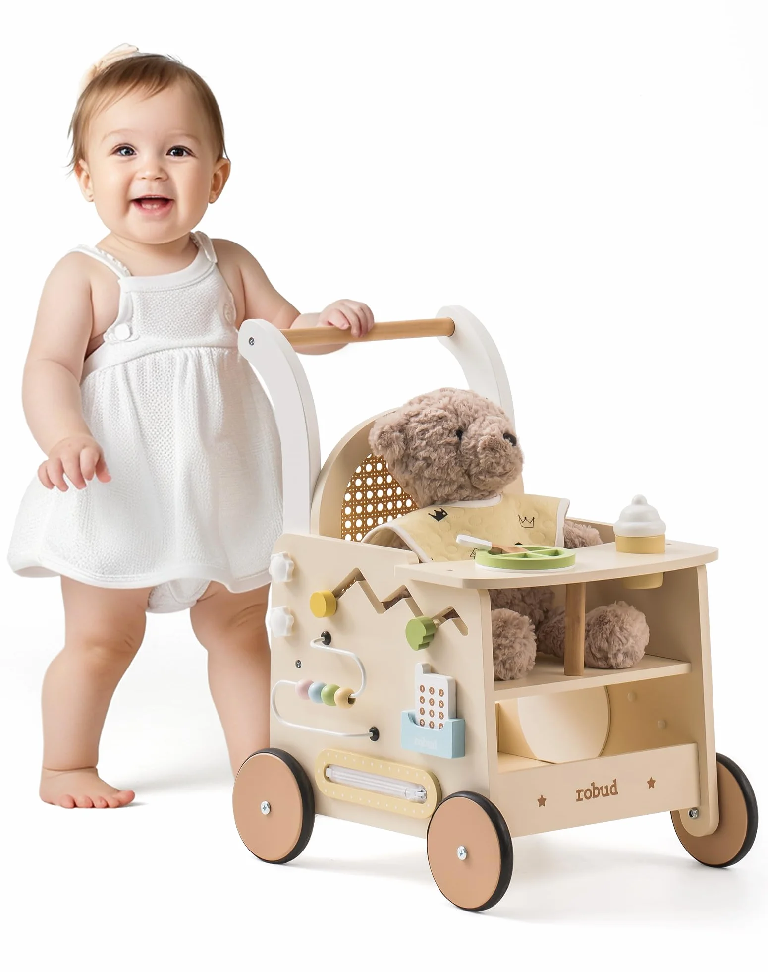 ROBUD Drewniany pomocnik do nauki chodzenia Baby Walker 2 w 1, wózek do nauki chodzenia z Montessori Busy Activity Board, hamulec bezpieczeństwa, zabawka na spacery, prezent