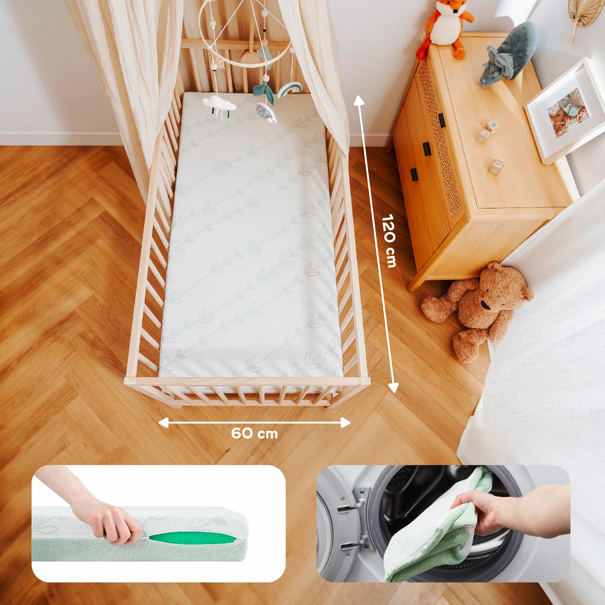 Babymoov Cosy'Lite antybakteryjny materac dziecięcy 60x120cm - bez obróbki chemicznej - grubość 10 cm - wyprodukowano w Portugalii - zdejmowany - certyfikat Oeko-Tex