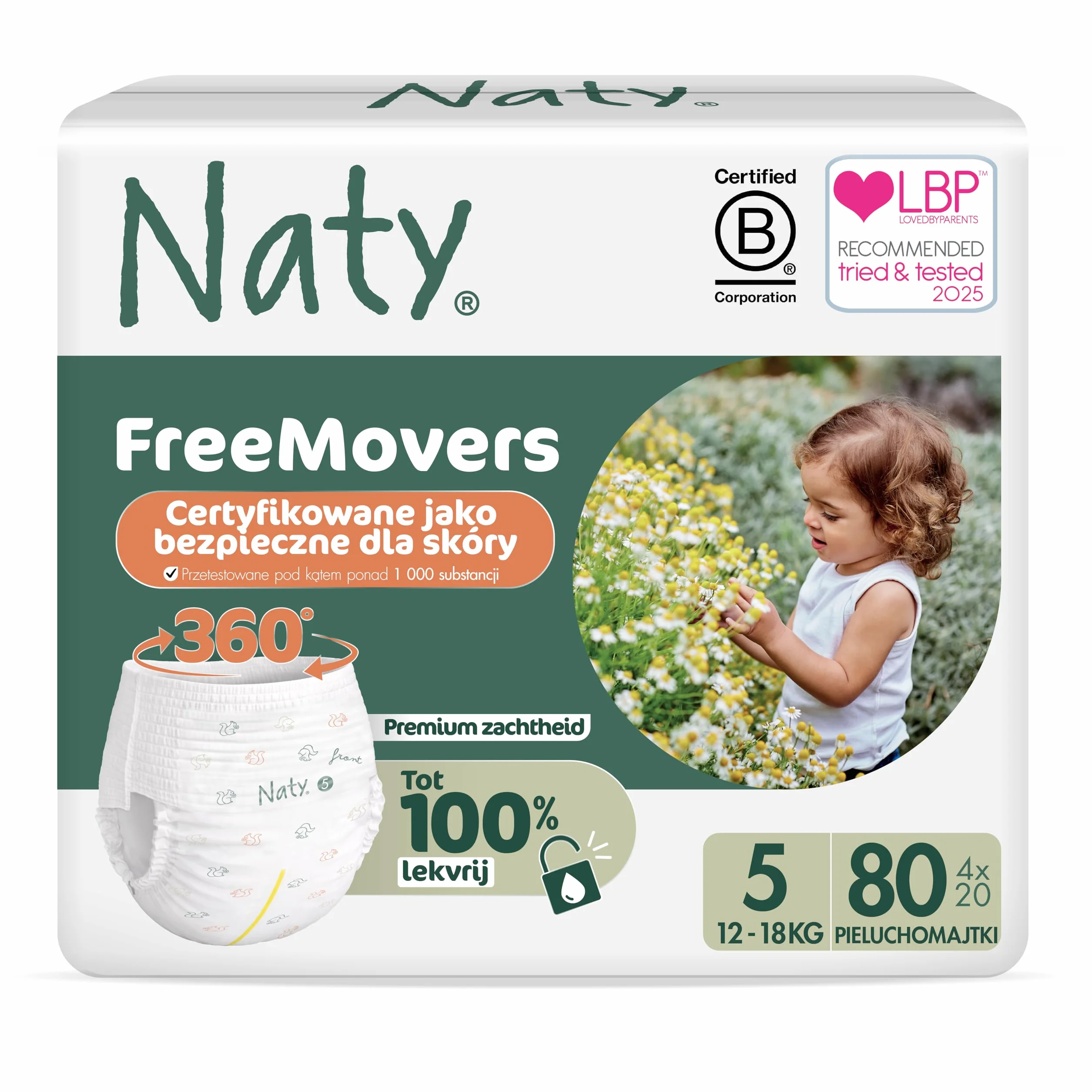 Naty FreeMovers Pieluchomajtki | Dla Wrażliwej Skóry | Miękkie, Bezzapachowe, do Nocnikowania | Chłonne i Przeciekoodporne | Niemowlęta i Dzieci | Rozmiar 5 (12–18 kg), 80 szt.