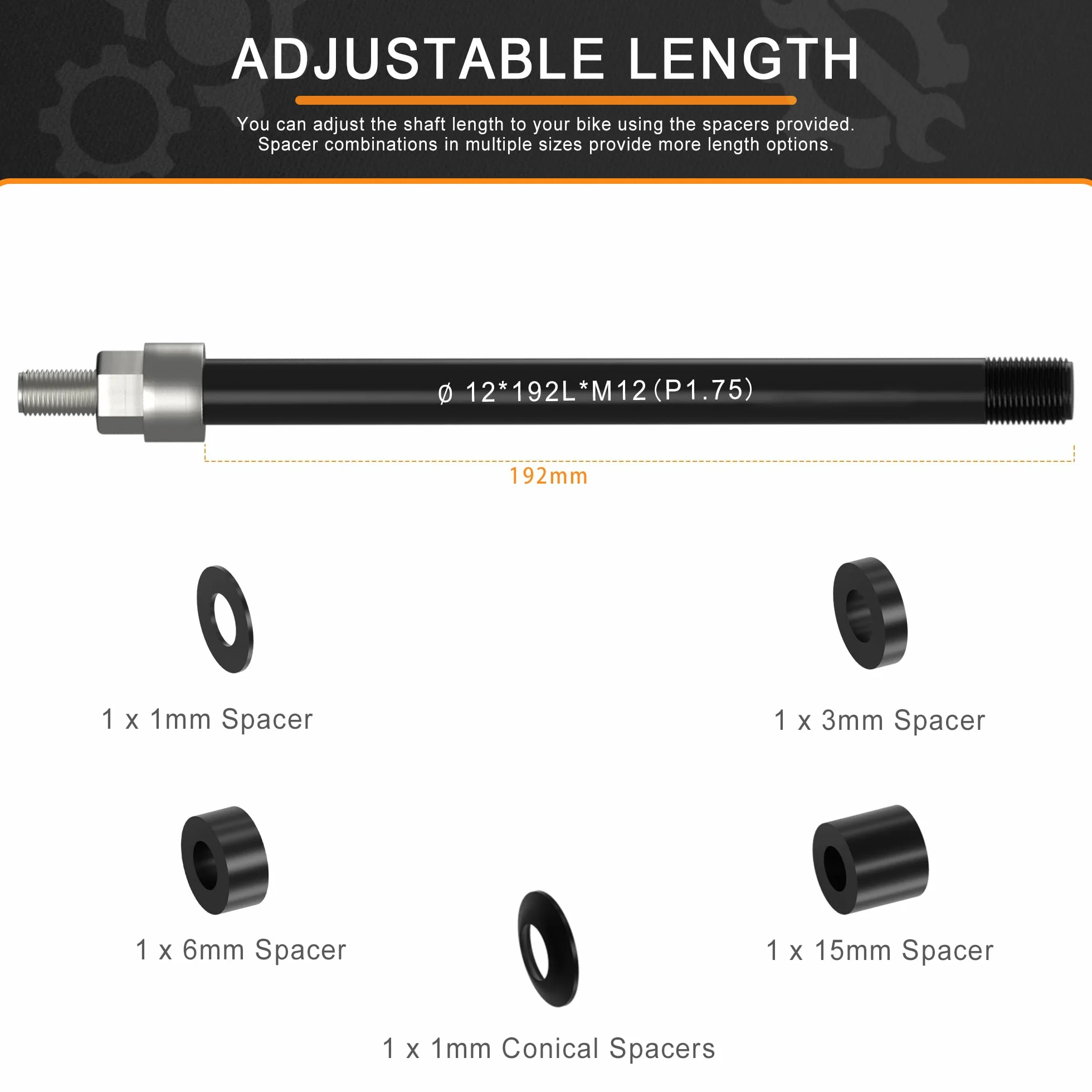 Oś wtykowa M12 x 1,75-167-192 mm z adapterem do przyczepki rowerowej, regulowana długość trzpienia