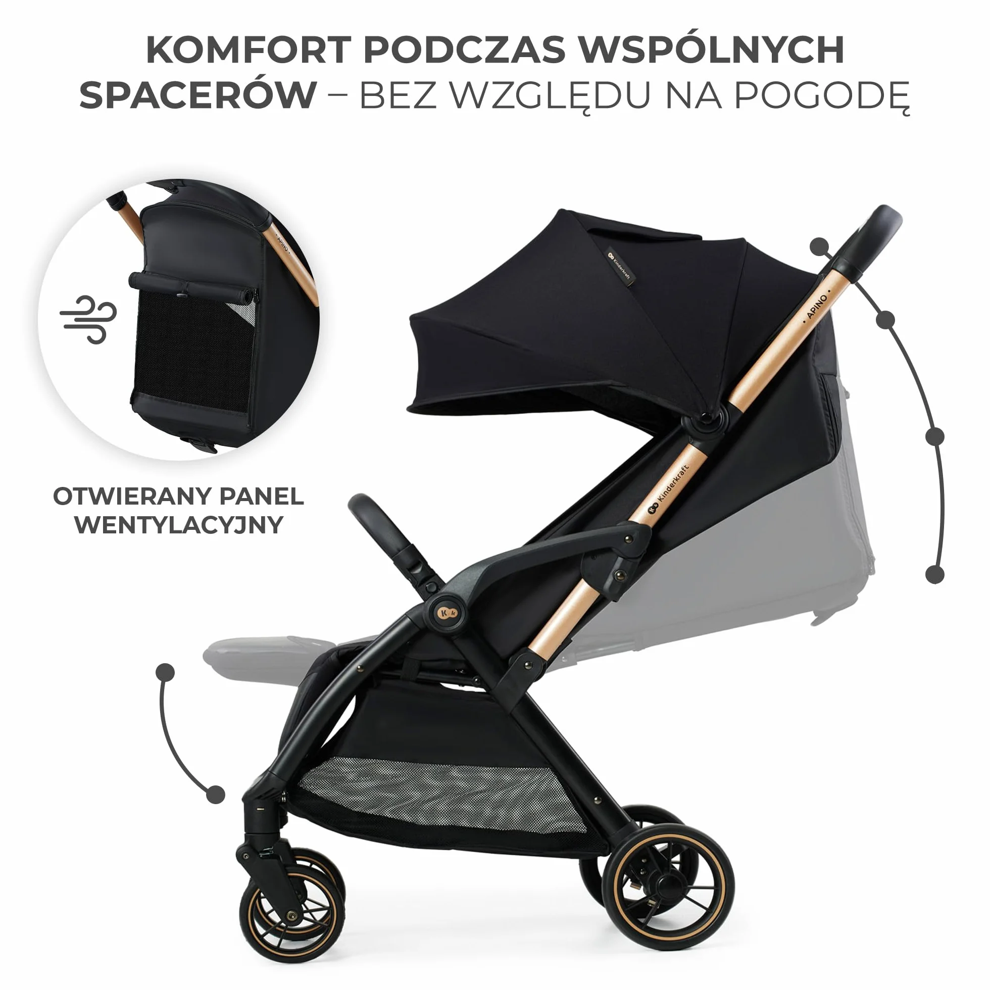 Kinderkraft APINO Lekka Spacerówka, Wózek dziecięcy, Idealny na podróż, AUTO FOLDING, Składany, Kompaktowy, Lekki, Tylko 7,5kg, Wodoodporna budka, Regulacja oparcia, obciążenie do 24kg, Czarny
