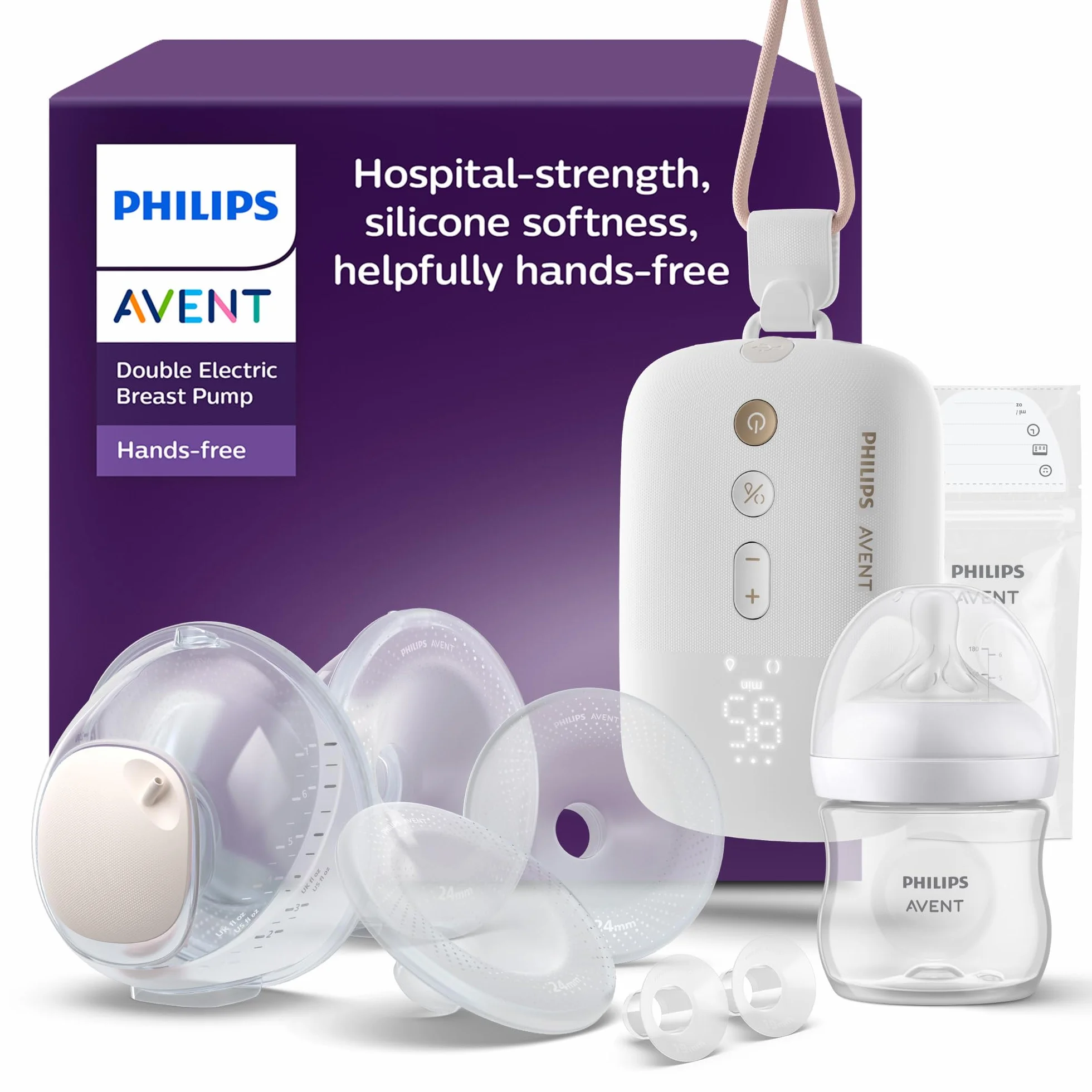 Philips Avent podwójny laktator elektryczny bez użycia rąk, silnik klasy szpitalnej, 85 cykli/min, SCF547/11